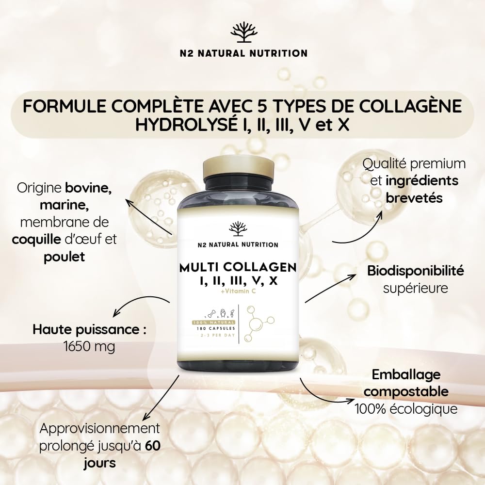 Multi Collagène Marin et Bovin 1650mg. 180 Gélules. Peptide de Collagene Hydrolysé Type 1, 2, 3, 5, 10. Complexe Collagene pour la Peau, Articulations et Cheveux + Vitamine C. N2 Natural Nutrition