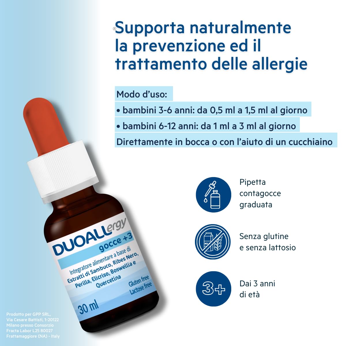 GPP | DUOALLERGY® GOCCE 3+, Integratore Alimentare Bambini 3+, Sambuco, Ribes Nero, Perilla, Elicriso, Boswellia, Quercetina, Supporta la Prevenzione e il Trattamento delle Allergie-Flacone 30ml