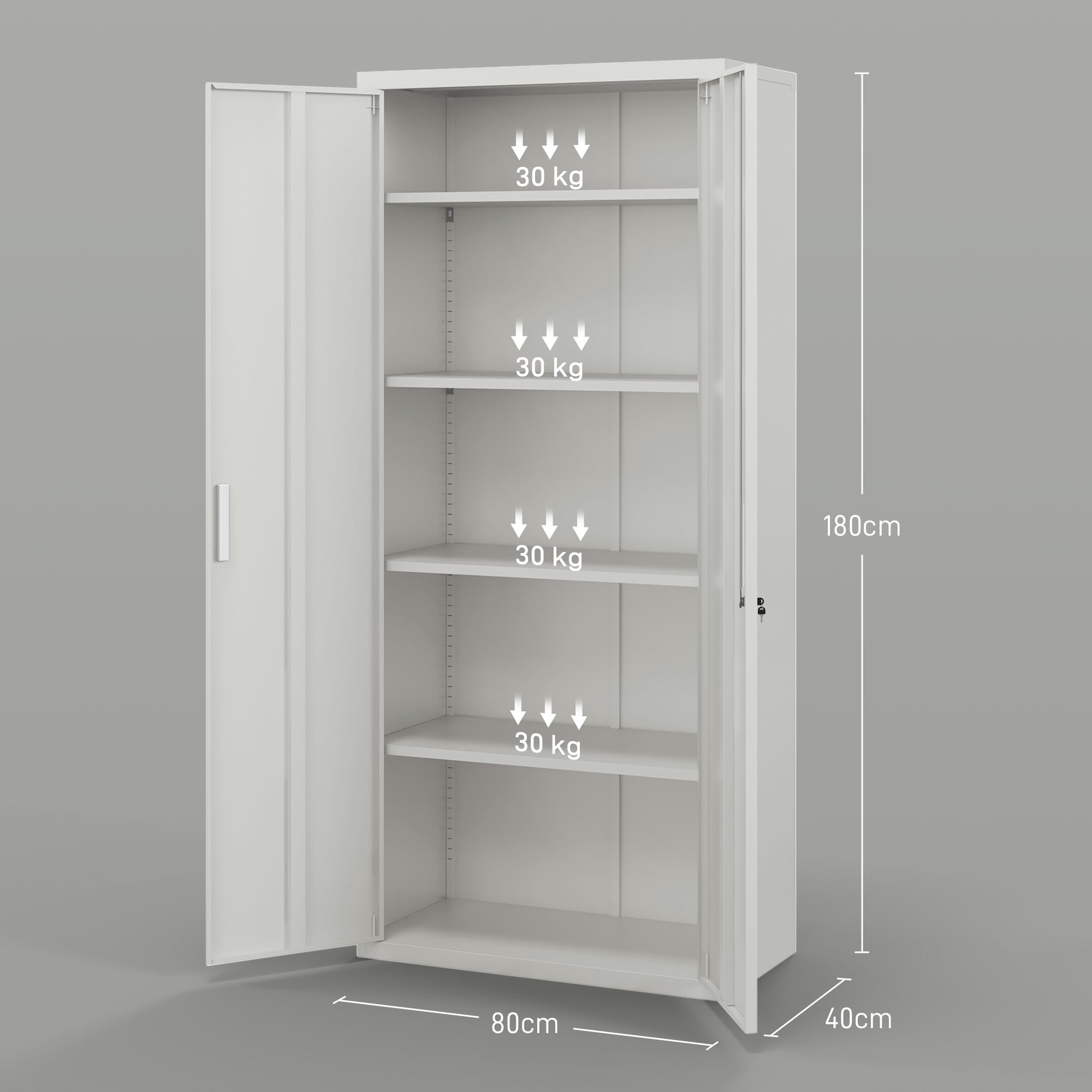 HOMCOM Armadio Ufficio a 5 Livelli con 4 Ripiani Regolabili, Armadio in Metallo Portadocumenti con 2 Ante, Serratura e 2 Chiavi, 80x40x180 cm, Bianco