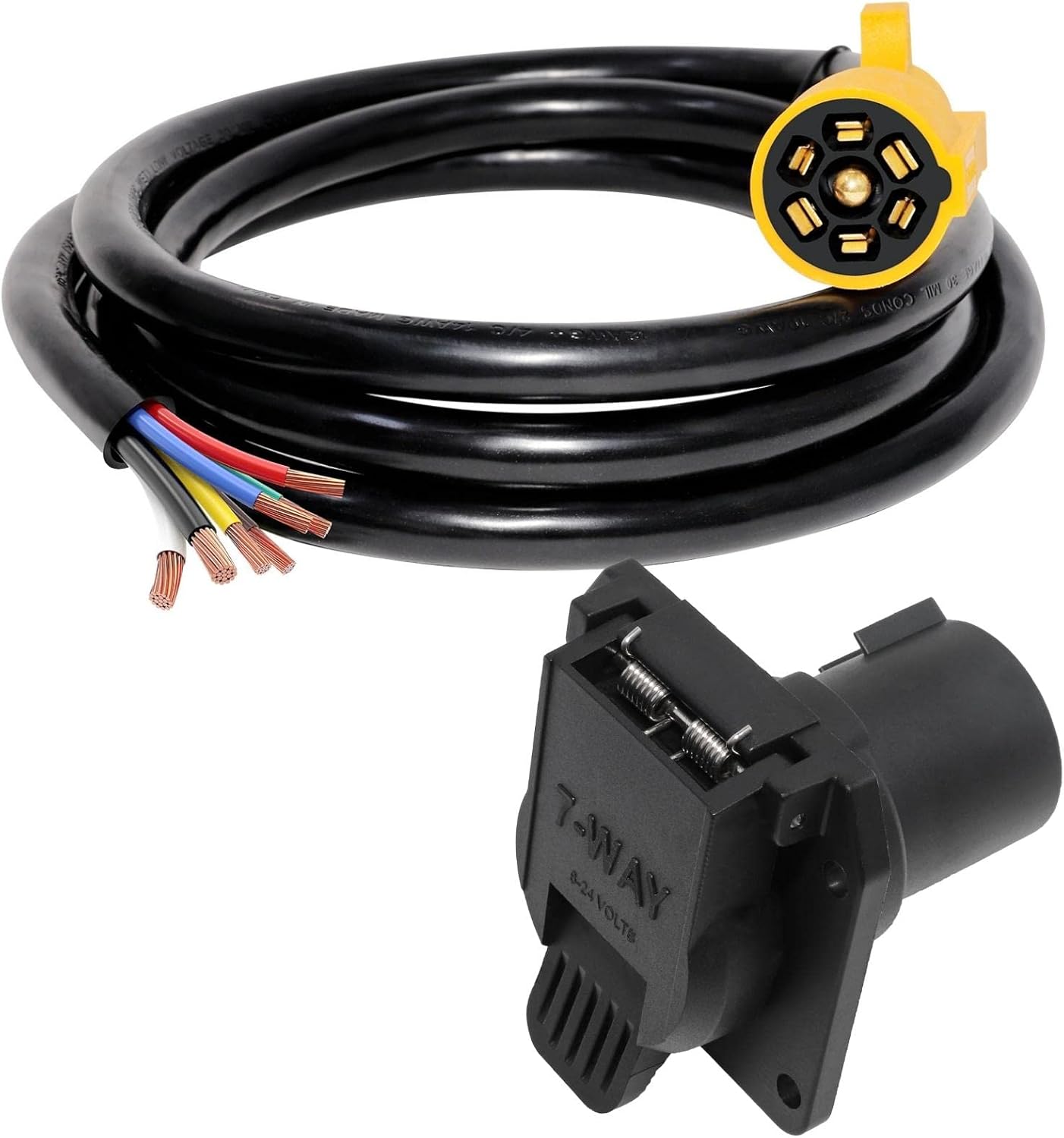 MECMO UL Listed 7 Way Trailer Plug Cord with Double Prongs Connector 8 Feet + Direct Replacement 7-Way RV Blade Female-End Socket