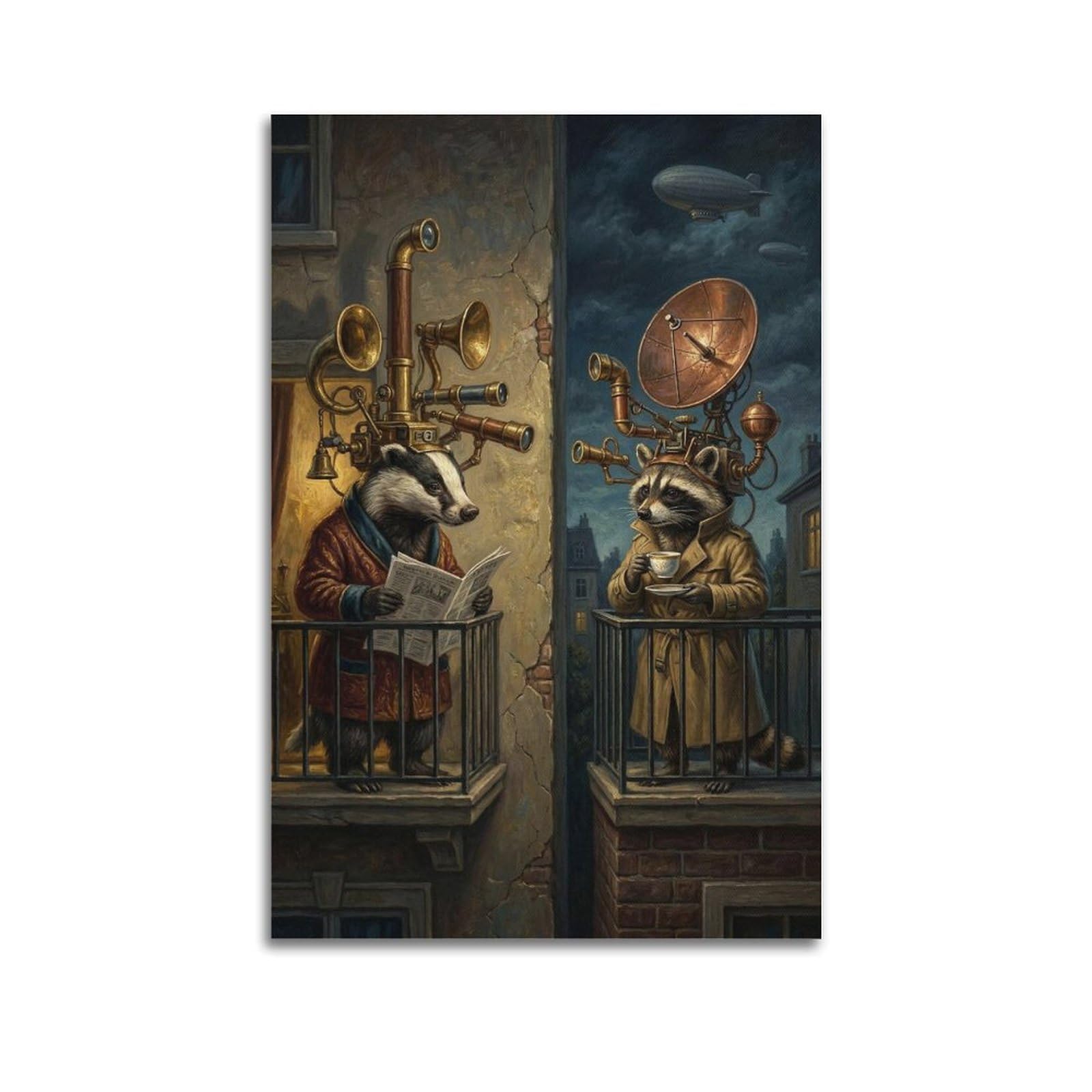 XKUGA Surreal Vintage Animal Poster Badger Raccoon Balcony Satire Modern Decorative Canvas Prints - Ideal Wall Art for Family, Man Cave, Game Room, Boys & Girls Bedroom 20x30inch(50x75cm)