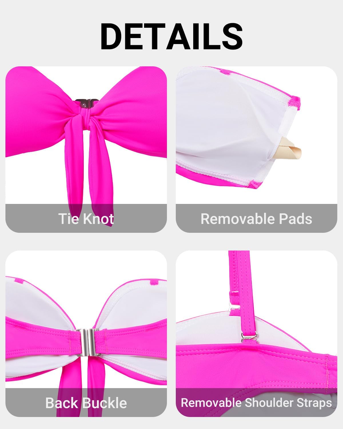 Holipick Bandeau Bikini Top for Women Strapless Swimsuit Tops Only Tie Front Bathing Suit Tops with Shoulder Straps - Image 6