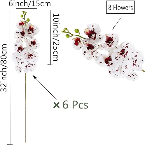 Miniatura 2 de HinyoCo 6 piezas de orquídeas artificiales Phalaenopsis flores artificiales de tallo de 32 pulgadas para decoración del hogar y boda (blanco con