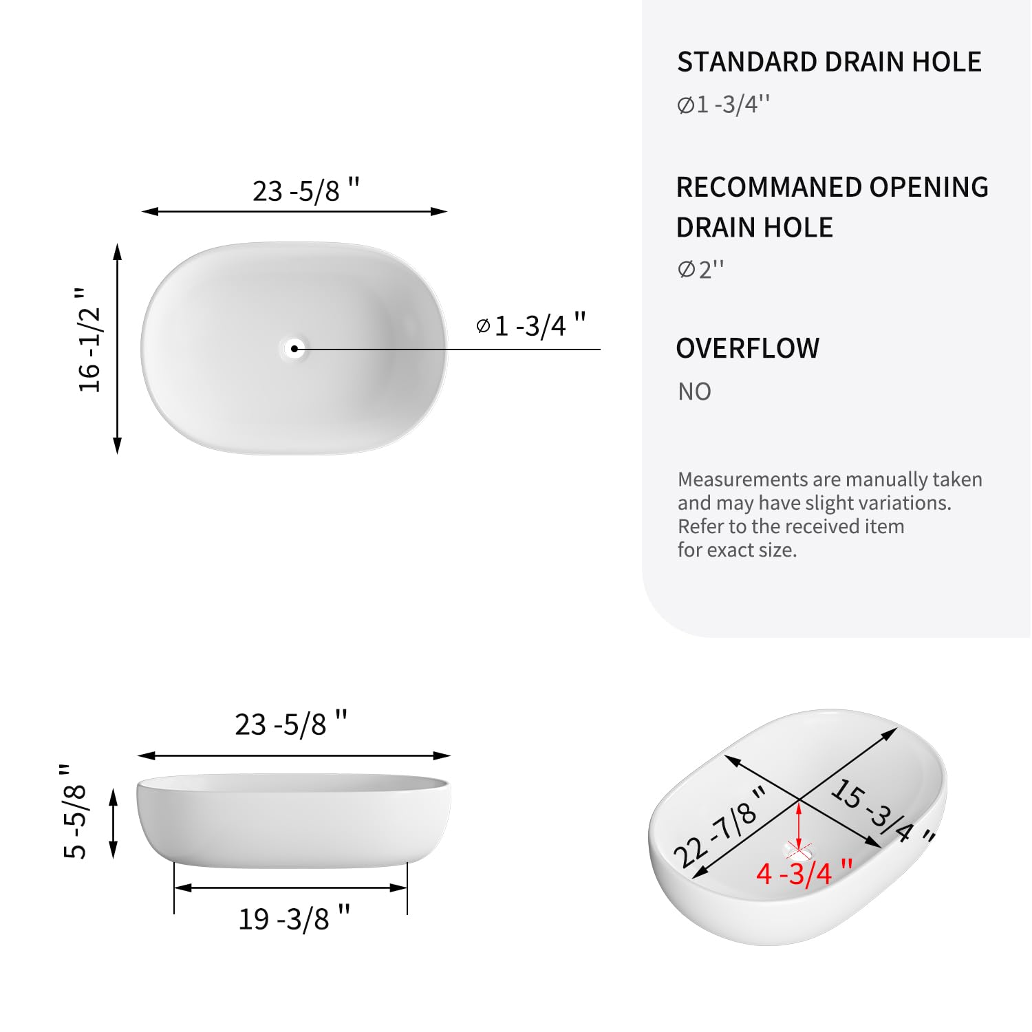 Fregaderos grandes para baño, 24 x 16 pulgadas, ovalados sobre el mostrador, lavabo de porcelana blanca de cerámica para baño, fregadero moderno de encimera, lavabo de tocador, lavabo