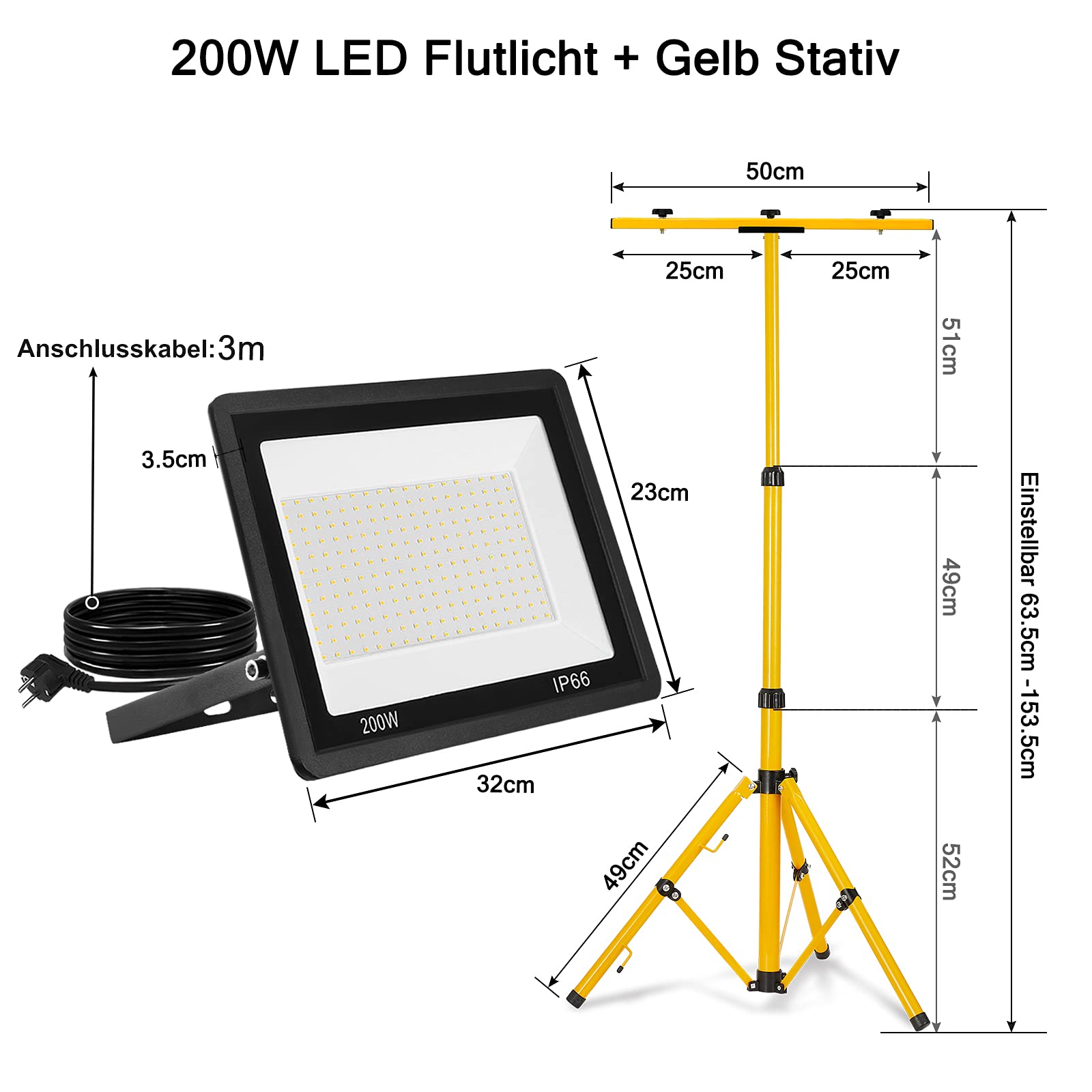 UISEBRT Faro da Lavoro a LED 2 * 200W bianco freddo con treppiede faretto da cantiere incluso cavo di alimentazione Proiettore a LED Luce da lavoro impermeabile IP66 per garage, giardino, cantiere