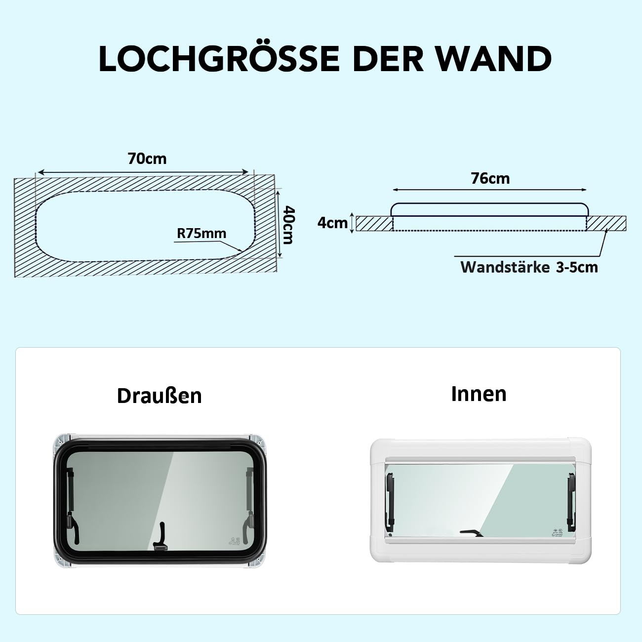 Wohnmobilfenster Ausstellfenster 700 x 400mm Wohnmobil Fenster Seitenfenster mit integriertem Rollo und Fliegengitter für RV Wohnwagen, Kastenwagen, Van, Camper, Auto, Bus, Boot
