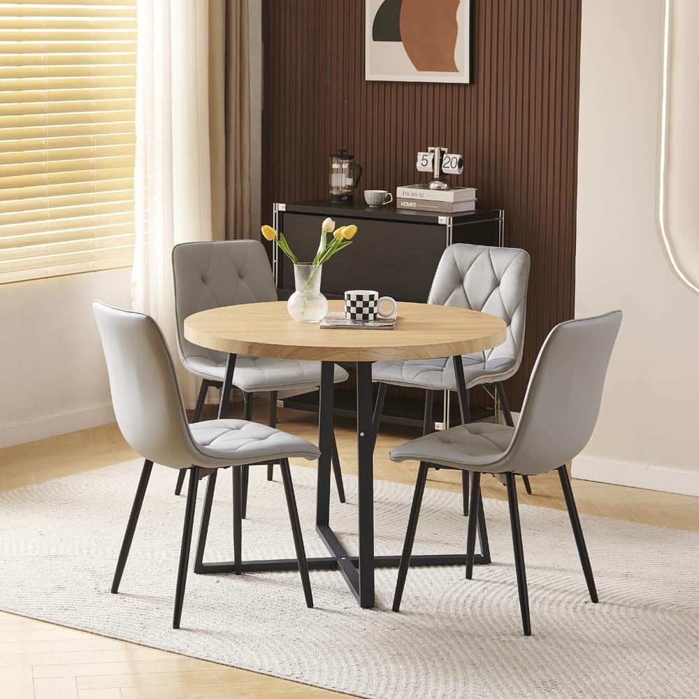 Menaka Round Dining Table and Grey Velvet Chairs Set of 4 for Small Space,5 Pieces Oak Wood Kitchen Table with 4 Chairs for Compact Dinette Restaurant