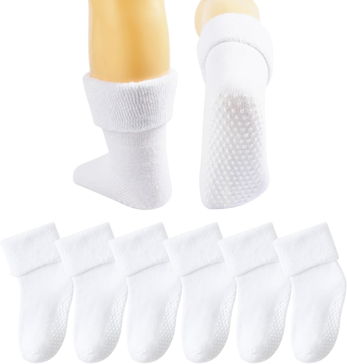 6 Pairs Toddler Non Slip Socks with Grippers Winter Thick Warm Cozy Crew Socks for Baby Kids