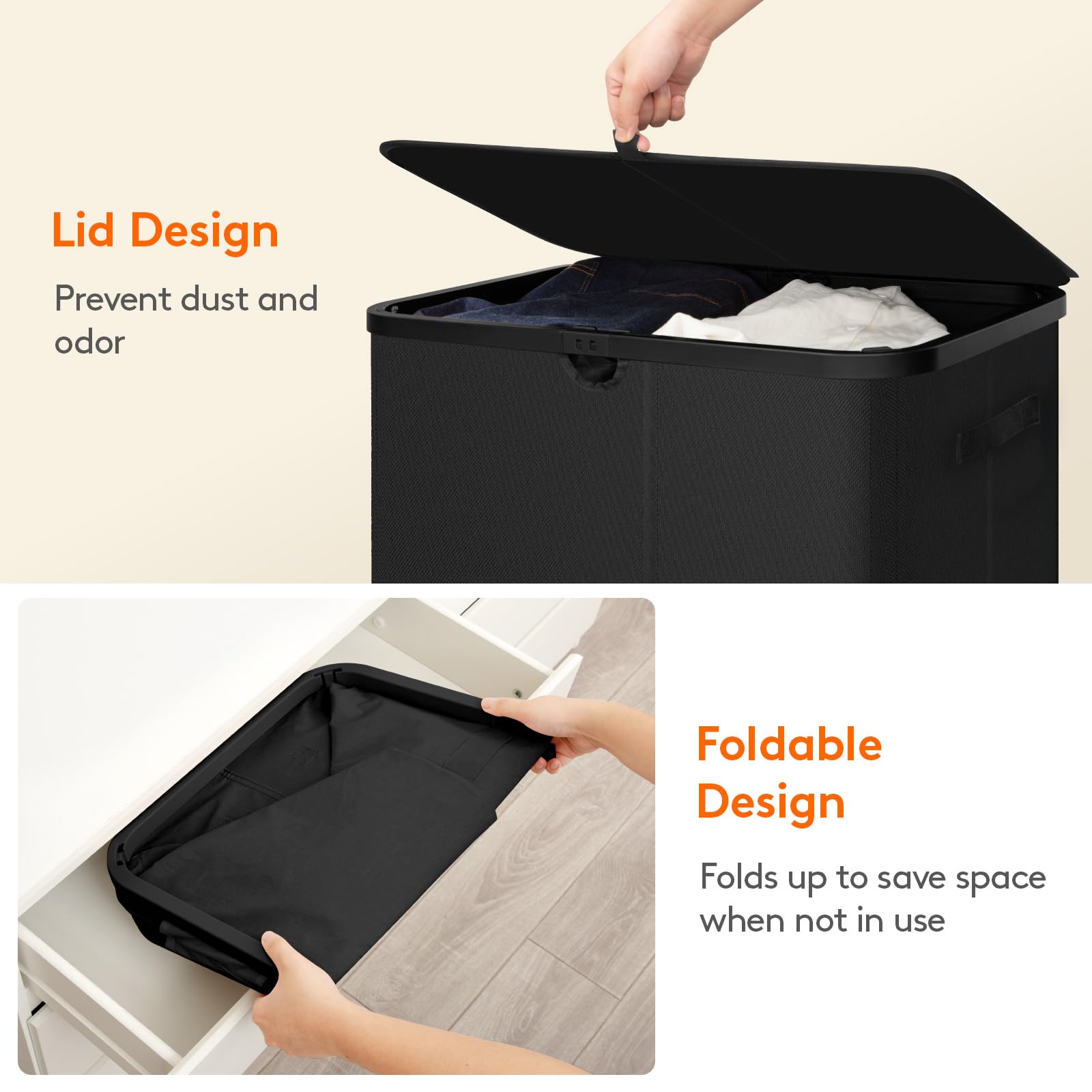 Lifewit Cesto Biancheria Sporca 2 Scomparti, Cesta Panni Sporchi con Sacchi Lavabili, Cesto Portabiancheria, Laundry Basket per Bagno, Camera da Letto e Lavanderia, 165 L, Nero