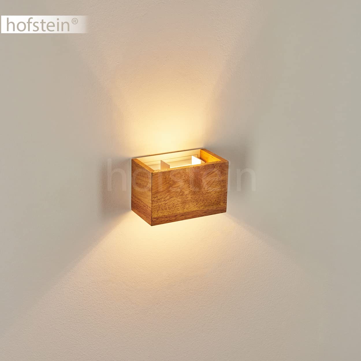 HOFSTEIN Wandleuchte Badajoz, Moderne Wandlampe aus Holz/Metall in Natur/Weiß, Indirekte Beleuchtung, eckige Leuchte mit verschiedenen Up & Down Lichteffekten im skandinavischen Design, 1-flammig G9
