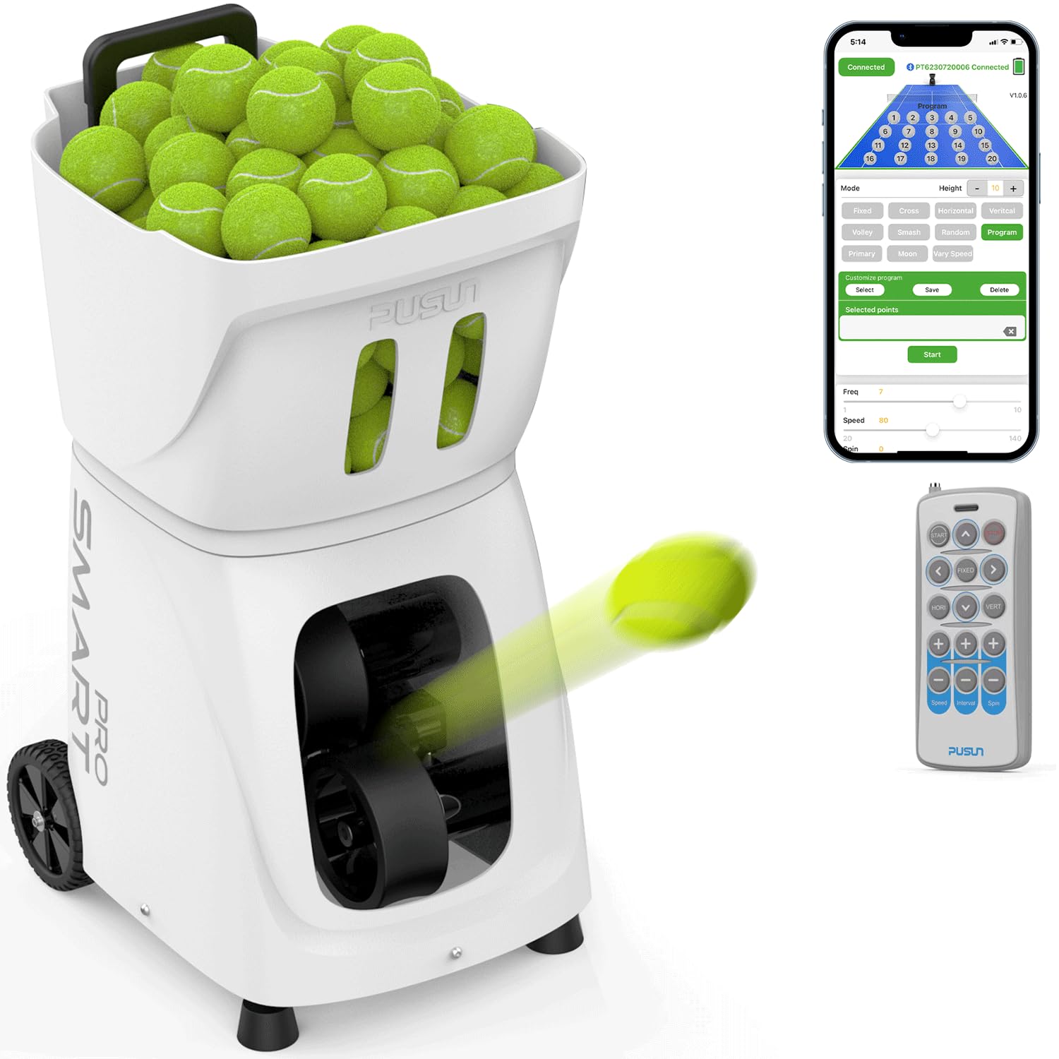 PT-Smart Pro Tennis Ball Machine, Smart APP & Apple Watch Control, 120KM/H Speed, 110+Ball Capacity, Remote Adjustable Spin & Feed, 6H Battery Life, Portable Tennis Trainer for All Levels