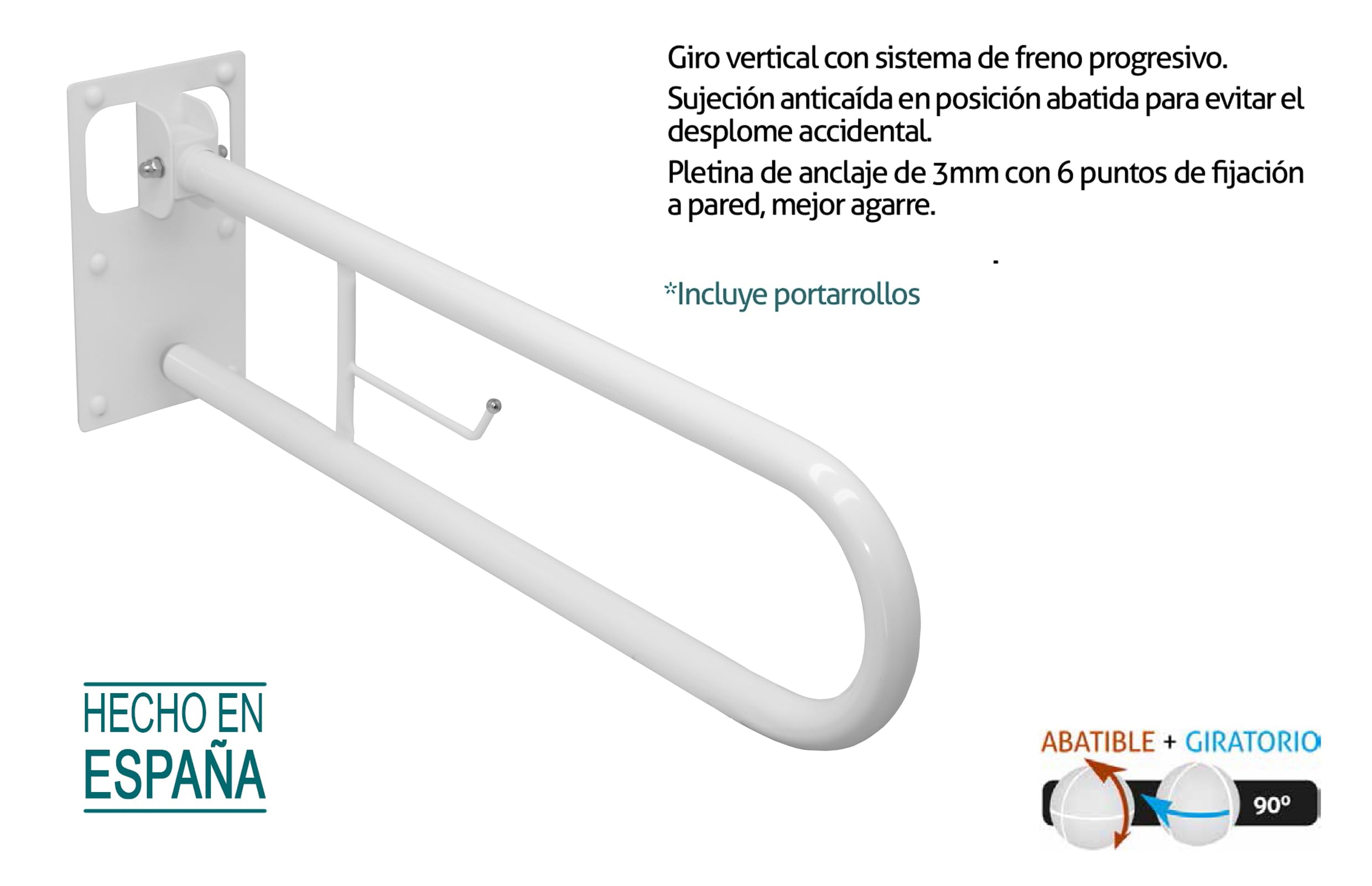 Barra Abatible de Acero Con Portarrollos Incorporado, Barra Baño Minusválido, Barra WC Seguridad, Giratoria y de Plegado Compacto a Pared, Blanco Mate, 73 cm