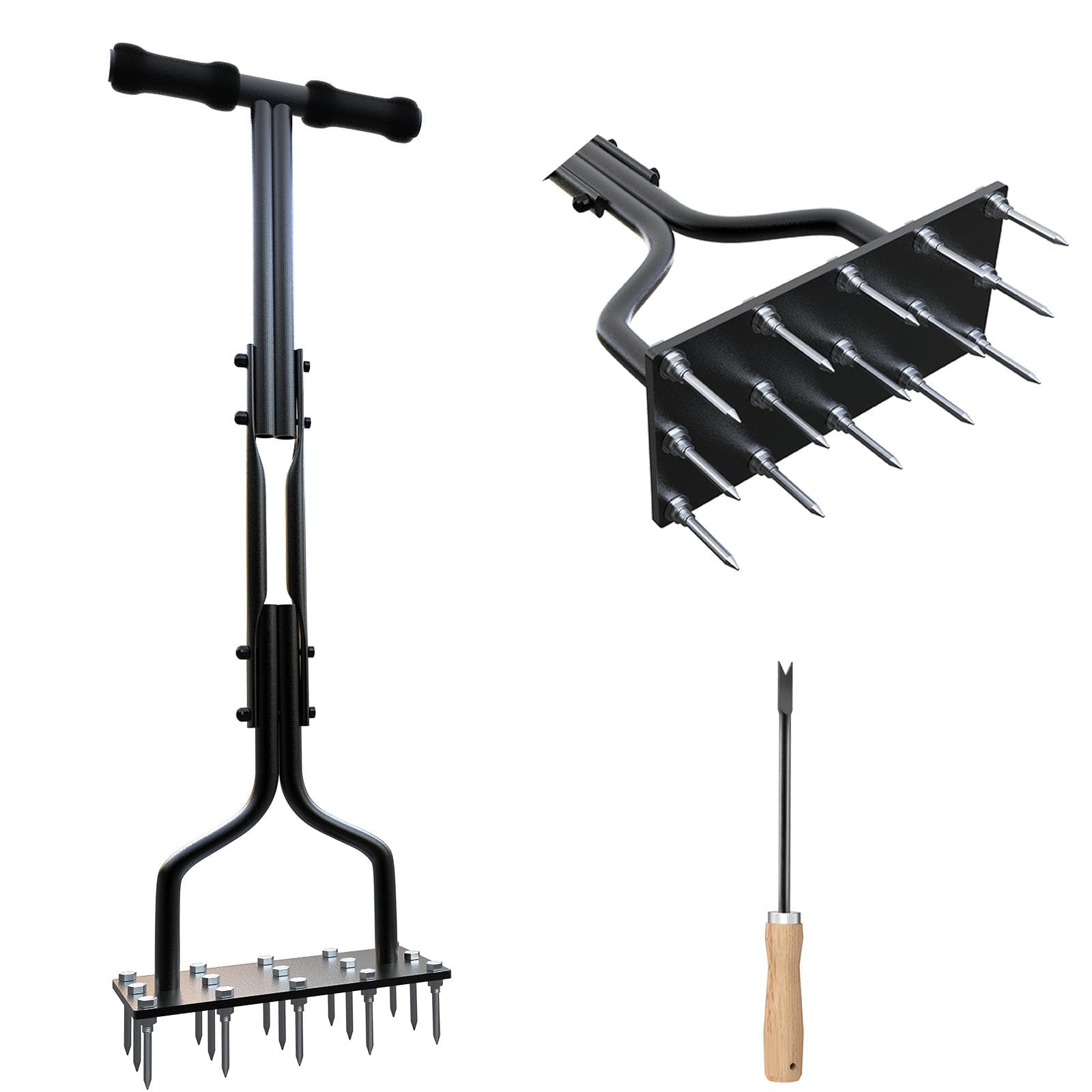 Aérateur à Gazon Roulant De 52 Cm Scarificateur Manuel Avec Poignée Amovible Pointes De Dents Pour Ameublir Le Sol Aération De L'Herbe Vert/Noir