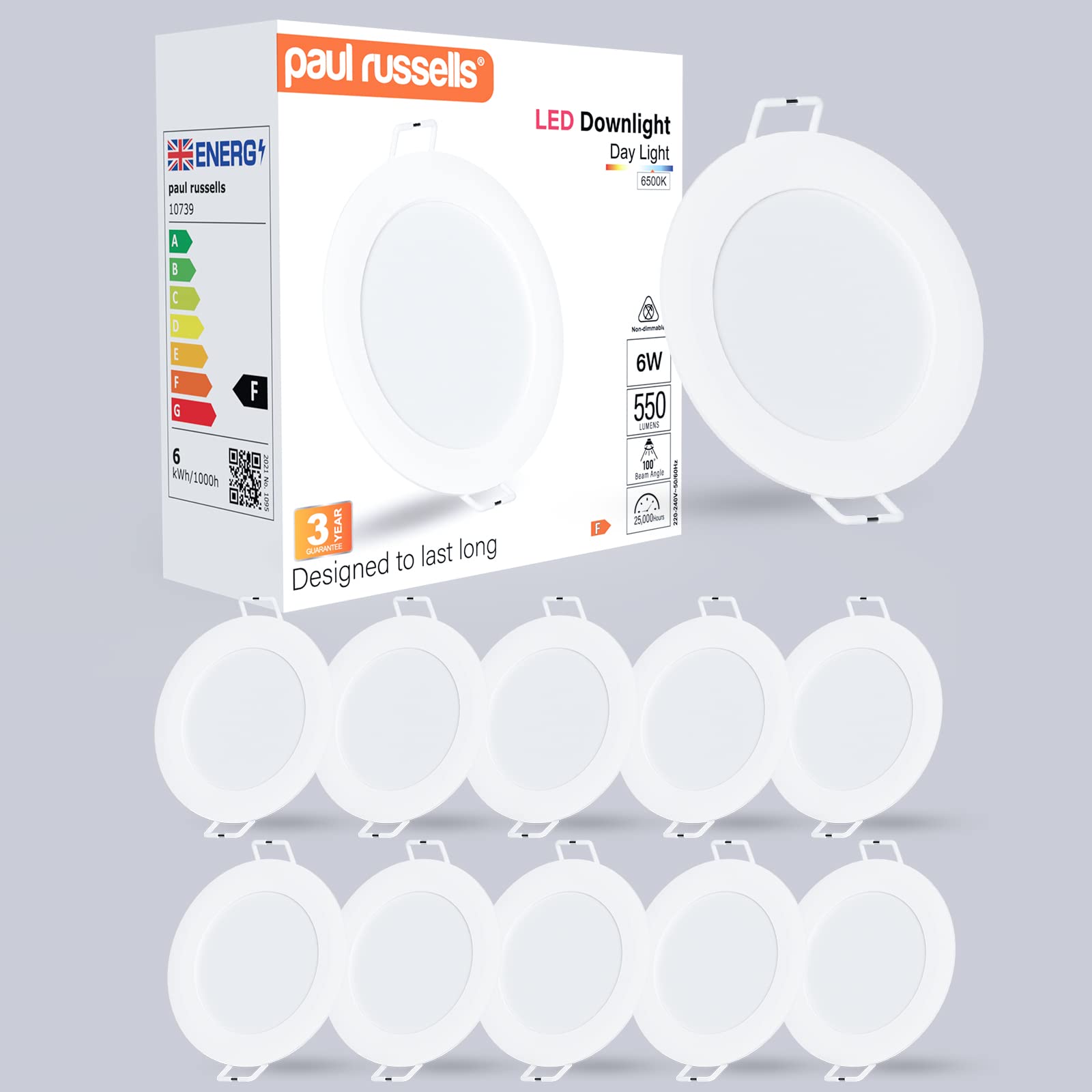 Paul Russells 6W White, Diameter 105Mm, Cutout 85-95Mm Led Ceiling Downlights, 6W Slim Recessed Bathroom Downlights, Kitchen Ceilings, 550 Lumens, 6500K Bright Daylight, Cutout 85-95Mm, Round Non-Dimmable Panel Spotlights, 10 Pack