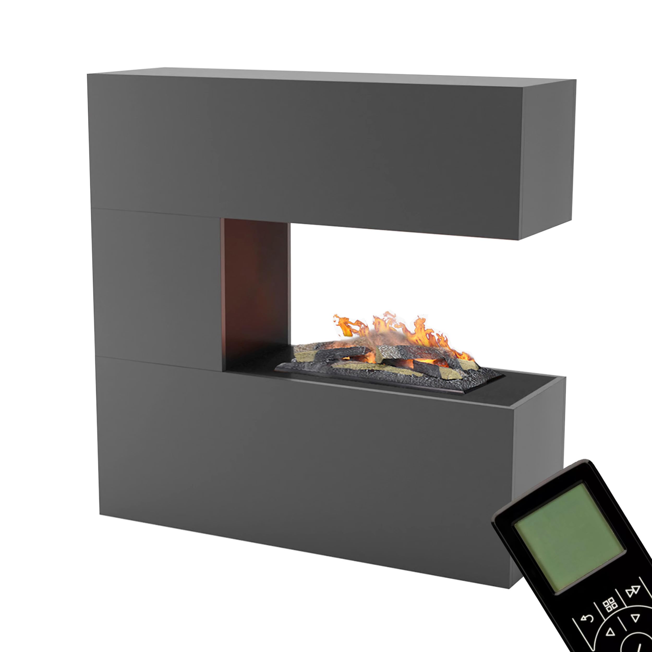GLOW FIRE Kominek stojący na parę wodną SCHILLER - Elektryczny z realistycznym efektem 3D LED, trzaskiem, pilotem, 120x120x37 cm - Opti-Myst 600 z dekoracją drewnianą, Szary