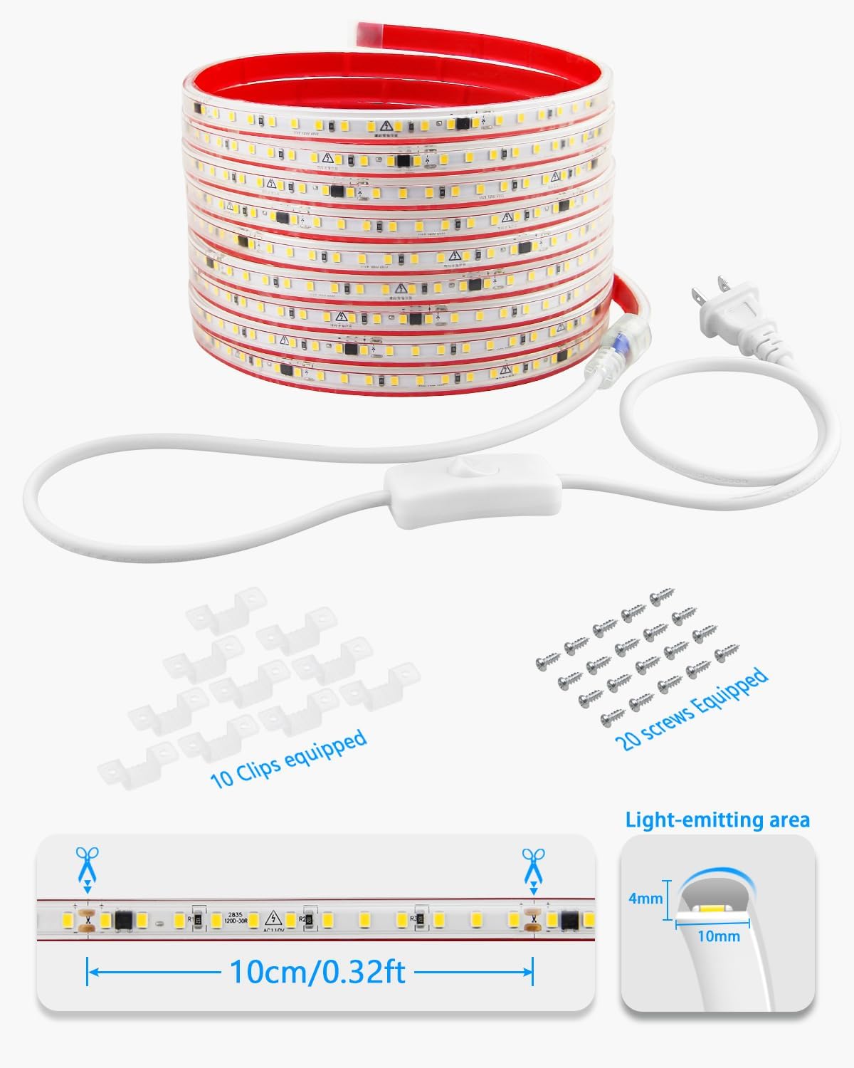 Outdoor LED Strip Lights Waterproof IP65 AC 110-130V LED Rope Light 16.4FT Warm White 3000K Strong Adhesive Flexible 120 LEDs/M LED Tape Light for Bedrooms, Mirror, Living Room Decoration