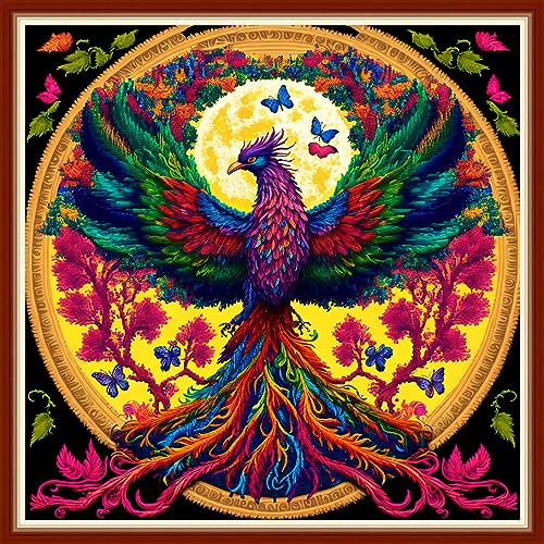 Image of Dimensean Stamped Cross Stitch Kits Full Range of Embroidery Patterns Starter Kits for Beginners Adult DIY Cross Stitches Needlepoint Kits 11CT-Auspicious Phoenix 17.7x17.7 inch
