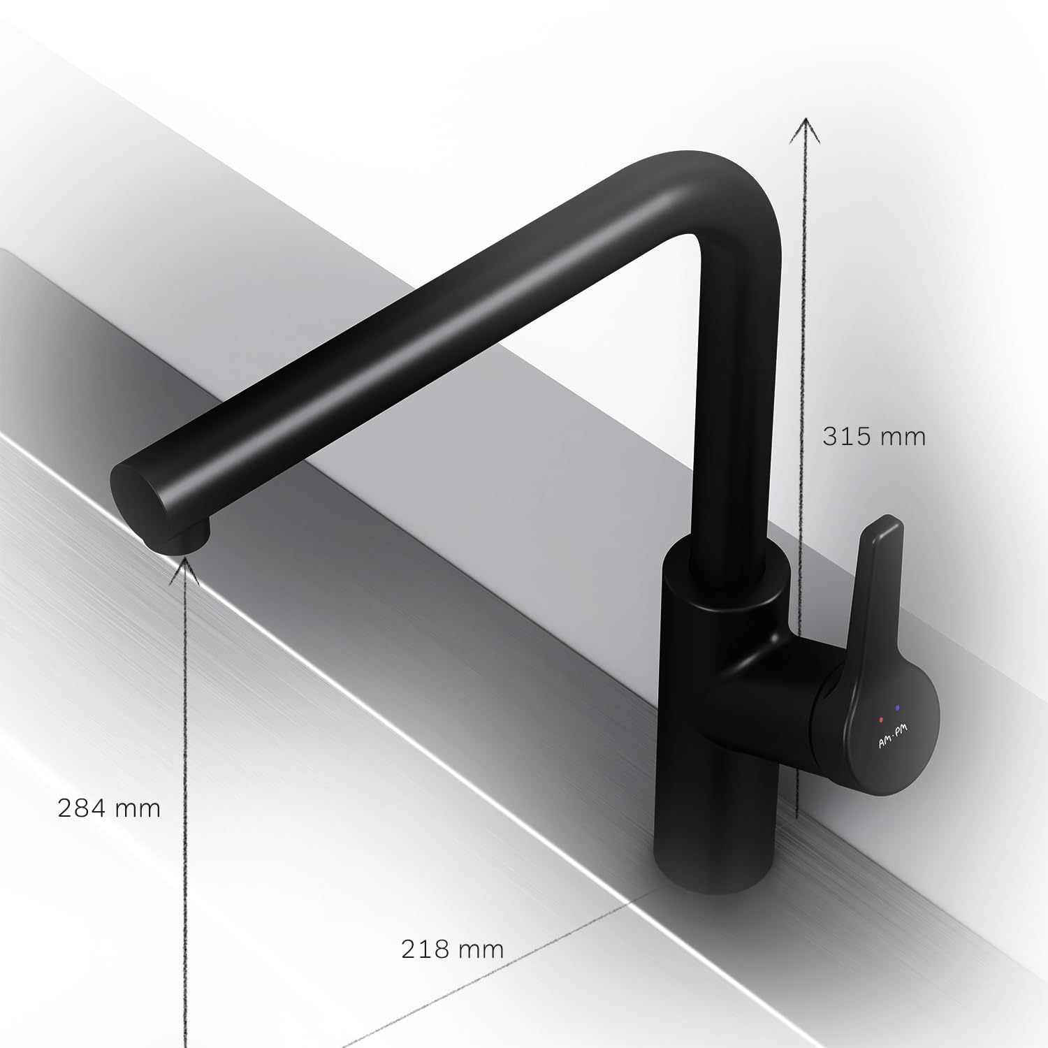 AM.PM FXB05022 X-Joy S bateria jednouchwytowa do kuchni, kolor czarny, matowy, kran kuchenny obracany o 360°, armatura zlewozmywakowa w kształcie litery L, bateria mieszakowa ze stali nierdzewnej