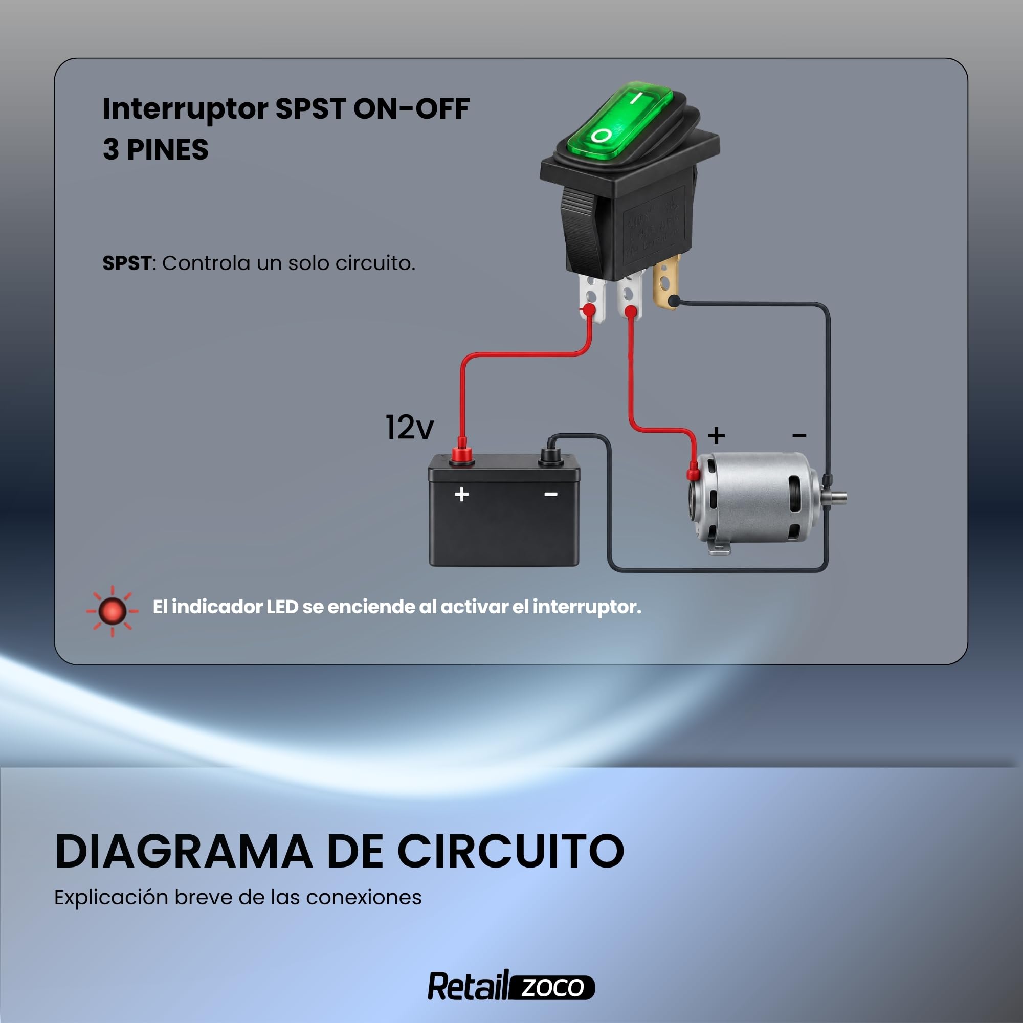 Interruptor Basculante SPST ON/OFF 3 pin, Luz Verde, 1 Unidad - imagen 5