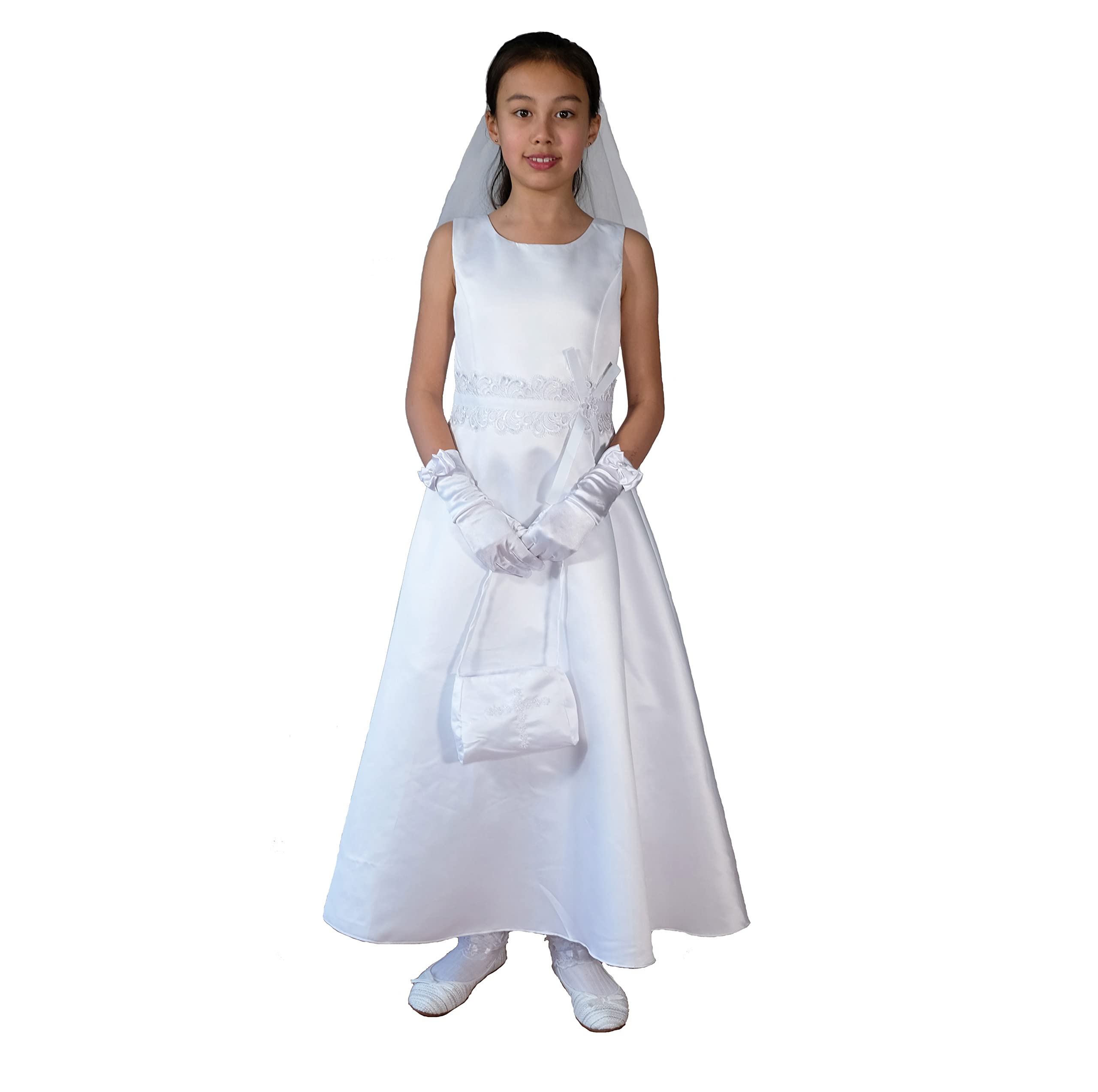 Cinda Girls White Satin Holy Communion Dress With Veil 11-12 Years