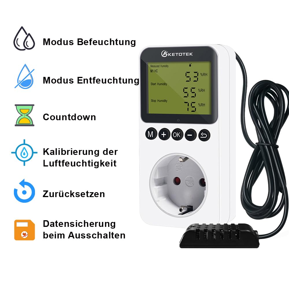 KETOTEK Hygrostat Steckdose Feuchteregler mit Fühler 230V, Digitaler Feuchtigkeitregler Steckdose Schalter für Gewächshaus Terrarium Luftentfeuchter Luftbefeuchter