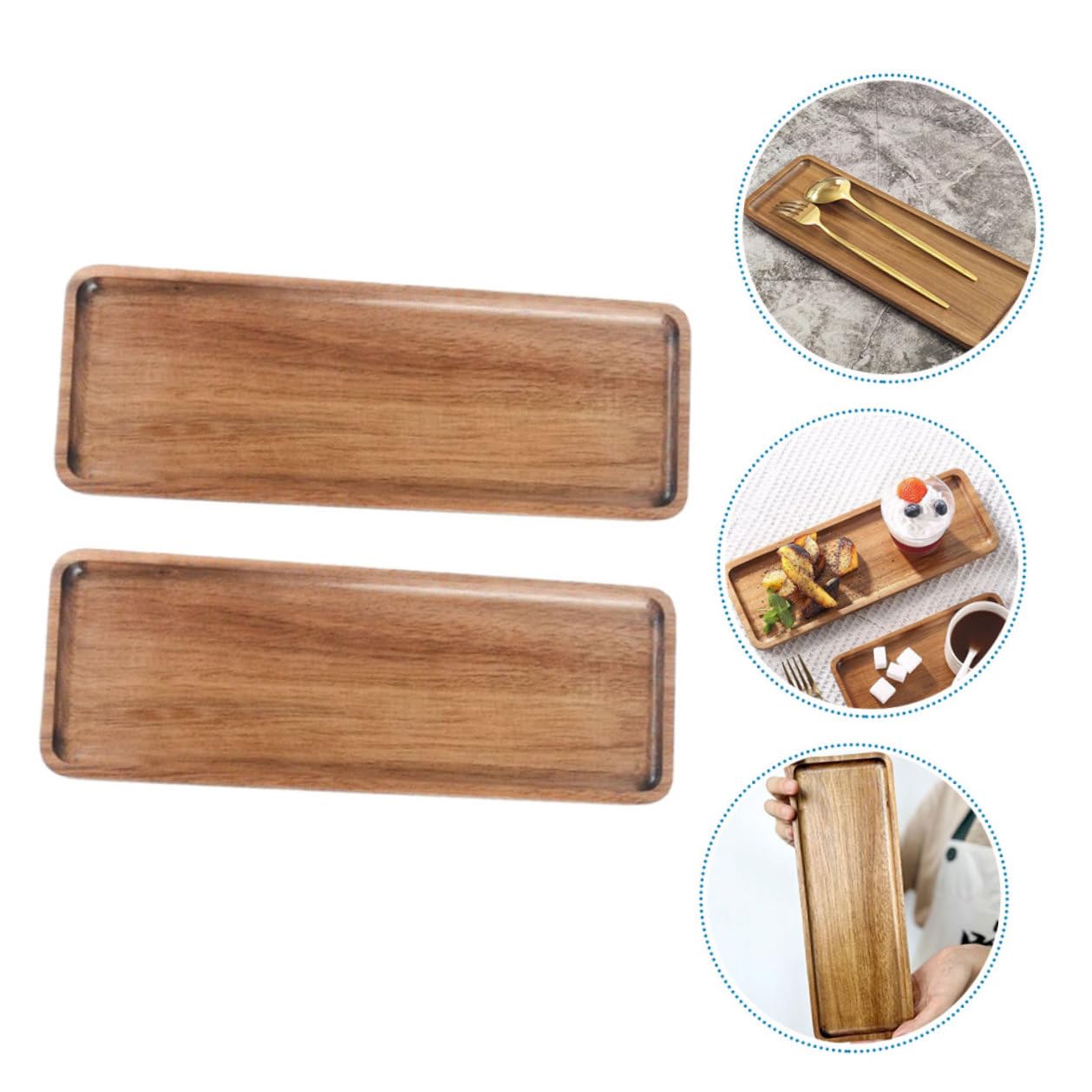 Bandeja de Madera Acacia Rectangular 28x10,5 Cm para Servir Té y Aperitivos, Frutero Decorativo para Mesa, Juego 2 Piezas, Adecuado para Fiestas y Desayuno