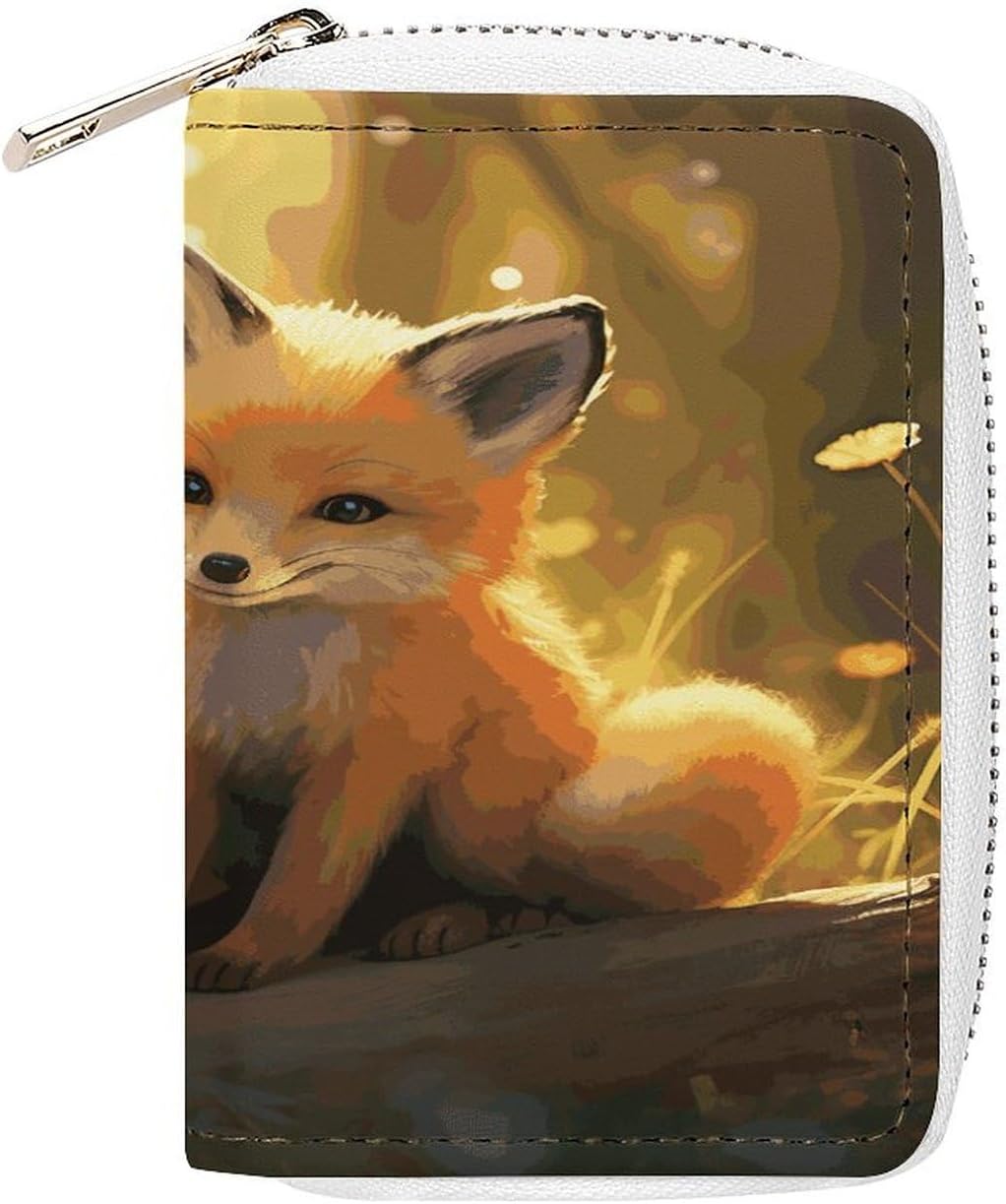 Leather Card Organizer Case Card Wallet Credit Card Holder Cute Foxes Printed Zipper Card Cases Holder for Women Men