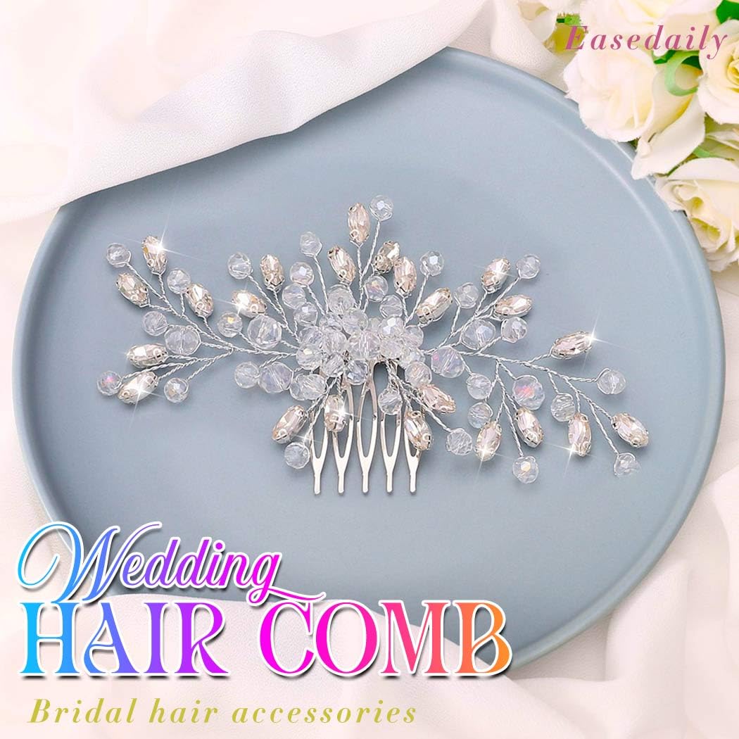 Easedaily Crystal Bride Wedding Hair Comb Silver Rhinestone Bridal Hair Pieces Clip Hair Accessories for Women and Girls (A-silver) - Image 2