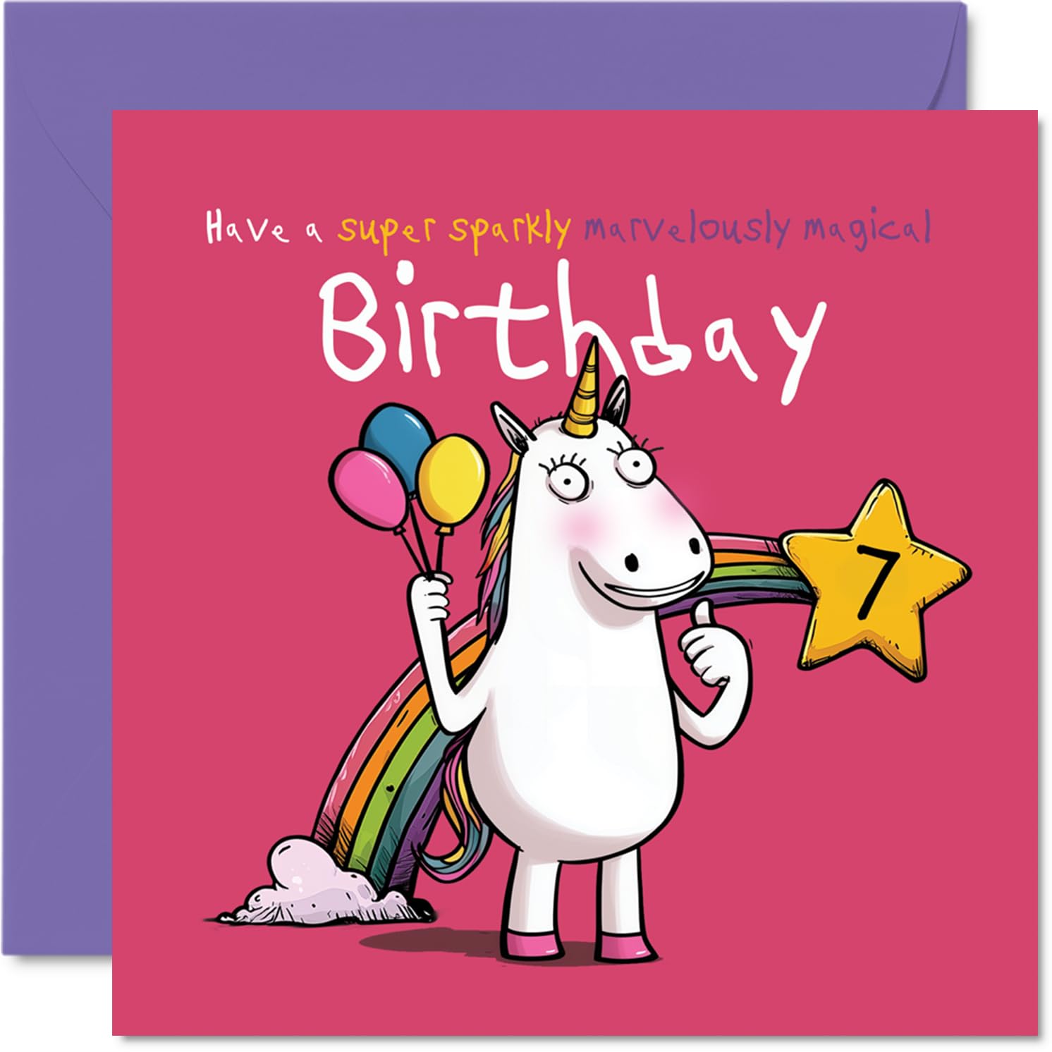Playful 7th Birthday Card - Bursting with Birthday Magic - Whimsical Unicorn, Rainbow and Balloons in Joyful Pastel Colours - 145mm Square, Envelope Included