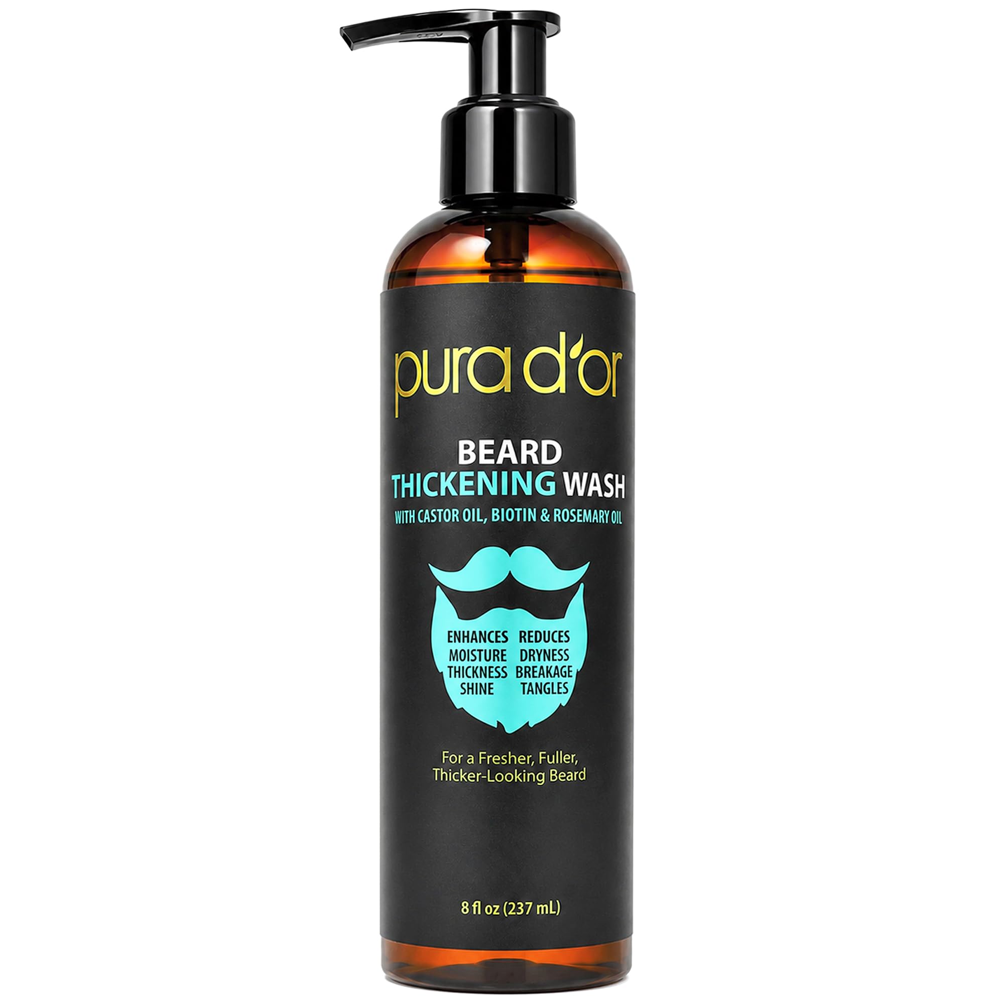 PURA D'OR 8 Oz Thickening Beard Wash - Biotin & Castor Oil Formula with Rosemary - Helps Enhance Moisture, Thickness & Shine, Helps Reduces Dryness & Breakage - For Men