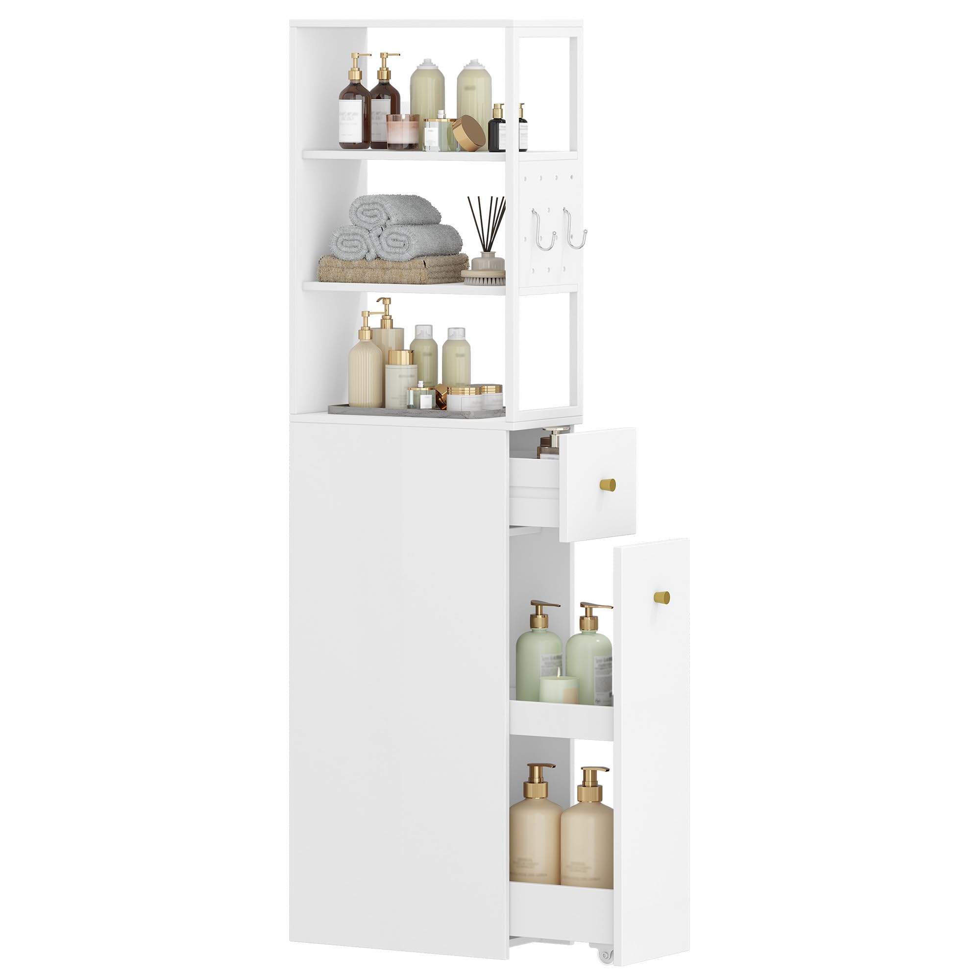 Hzuaneri Meuble de Salle de Bain Haut, Armoire de Rangement Fin, avec 2 Compartiments Ouverts, 2 Tiroirs et roulettes, Meuble de Cuisine, pour Petits Espaces, 40 x 20 x 140 cm Blanc BC32003W
