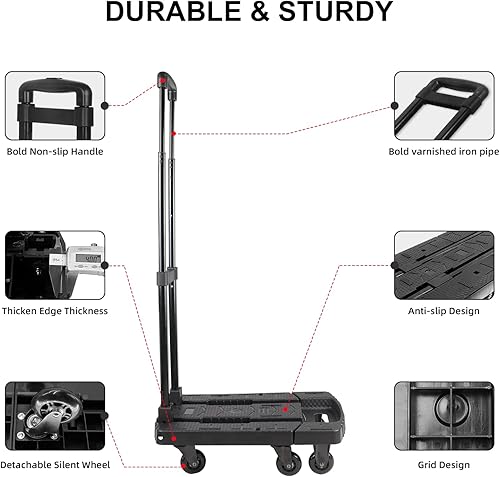 Miniatura 3 de SELORSS Camión de mano plegable, carrito de equipaje resistente de 530 libras, carrito plegable para mudanza, carrito de plataforma utilitaria con 6