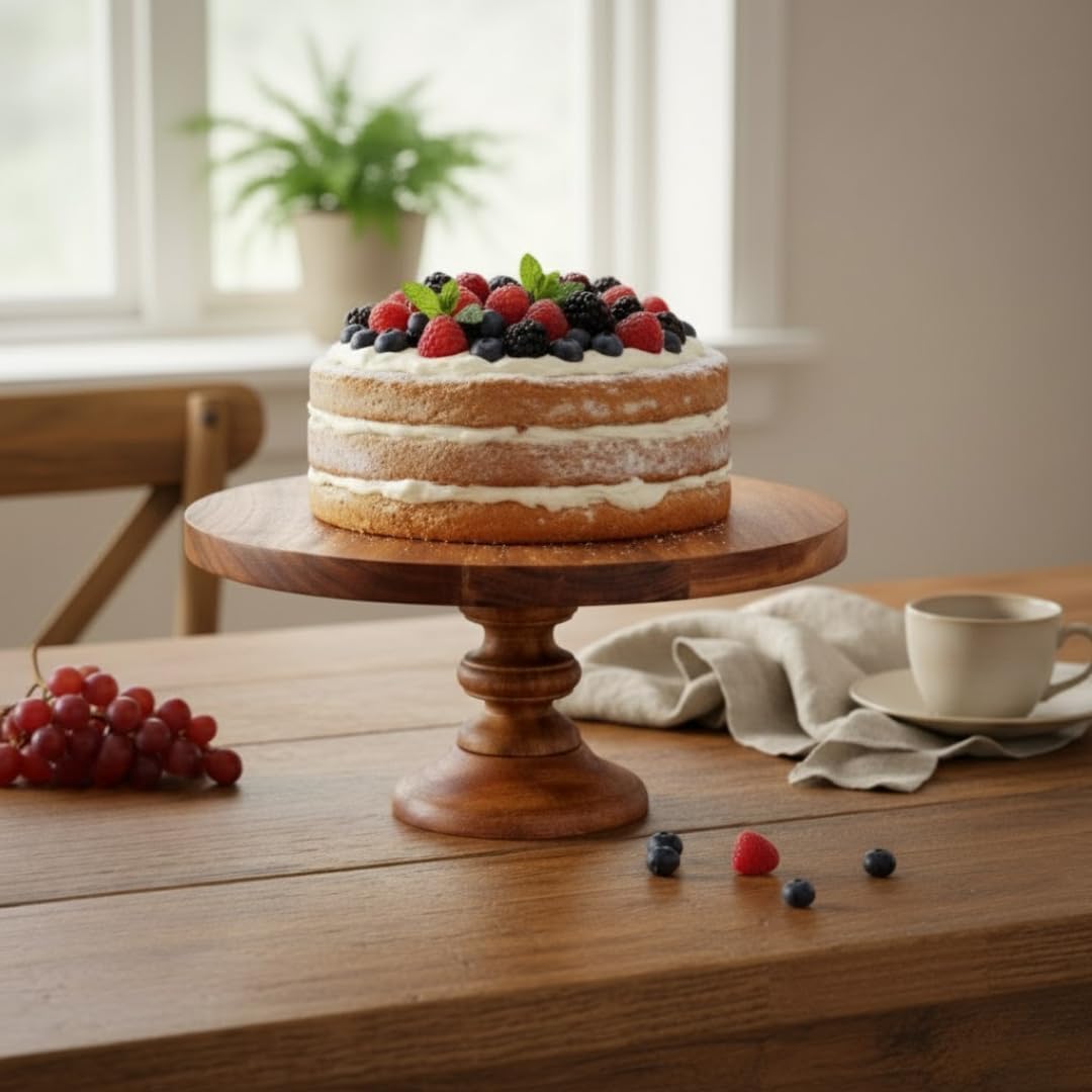 SAAGA Round Wooden Cake Stand | 12 x 6 Inch Selio Serving Platter for Cake, Pizza & Snacks | Premium Tabletop Display Stand – Brown