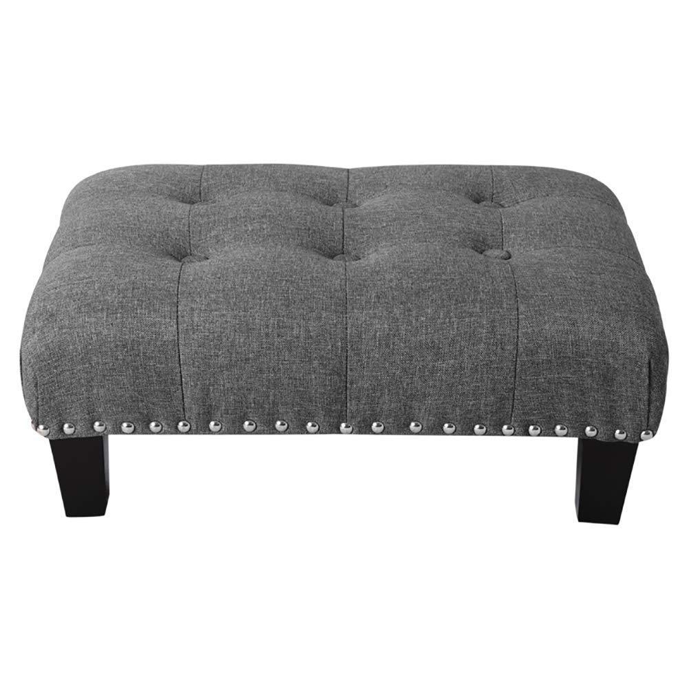 Linen Fabric Footstool Upholstered Ottoman Pouffe Stool Change Shoe Footrest Wooden Legs for Living Room Bedroom Grey