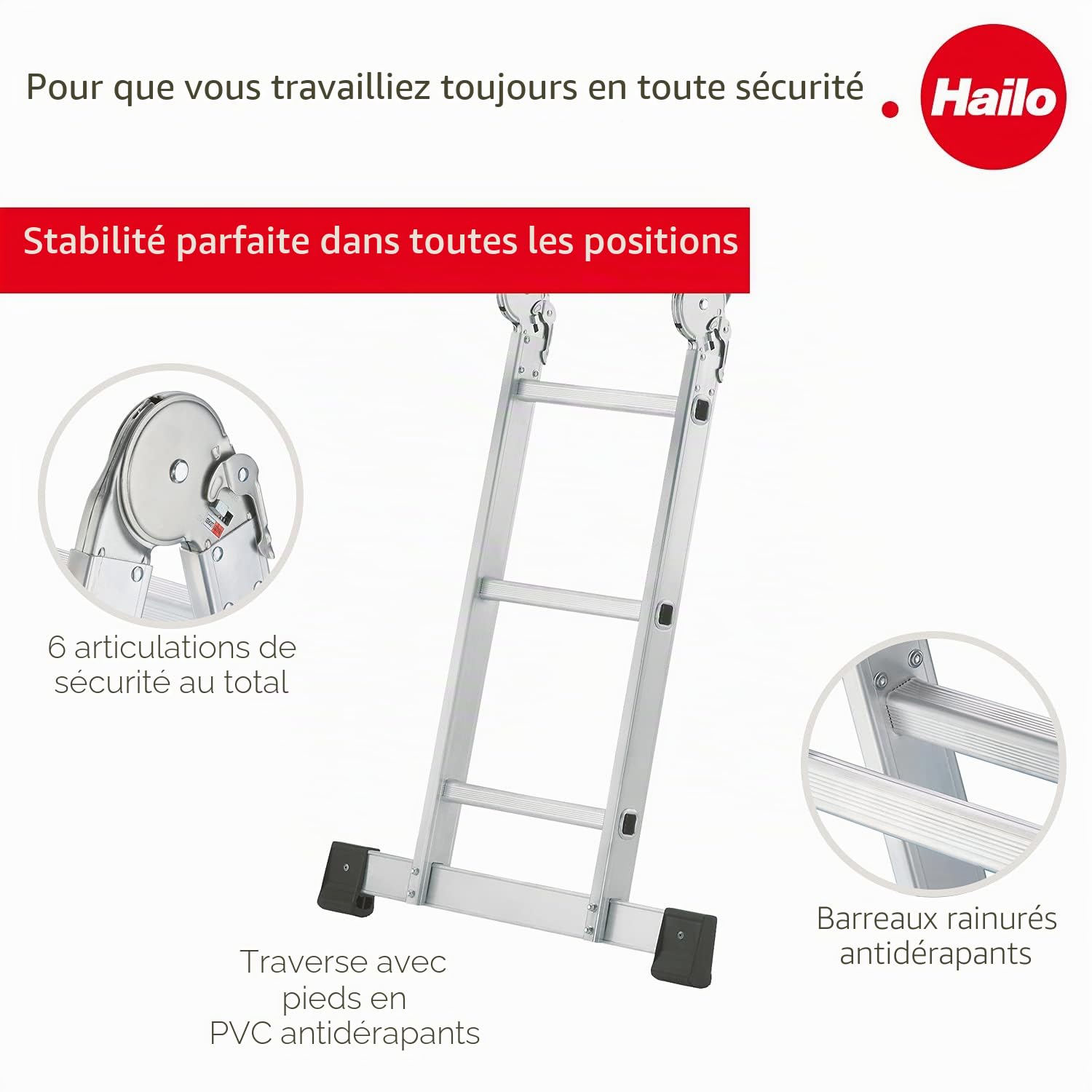 Hailo Échelle Universelle M60 en Aluminium - 4 x 3 échelons - Charge maximale : 150 kg - Échelle Polyvalente utilisable comme Plate-Forme de Travail antidérapante, échelle Simple, escabeau - 6