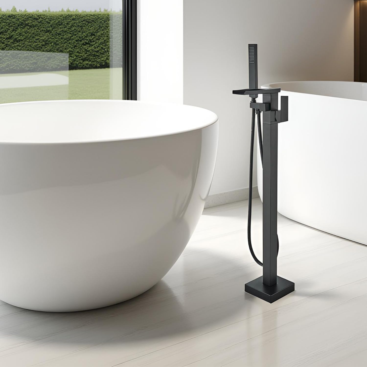 YAGATAP Freestanding Tub Faucet, Free Standing Tub Filler Matte Black, Single Handle Stand Alone Brass Bathtub Faucet with Hand Held Shower and Swivel Waterfall Mixer Spout Floor Mount