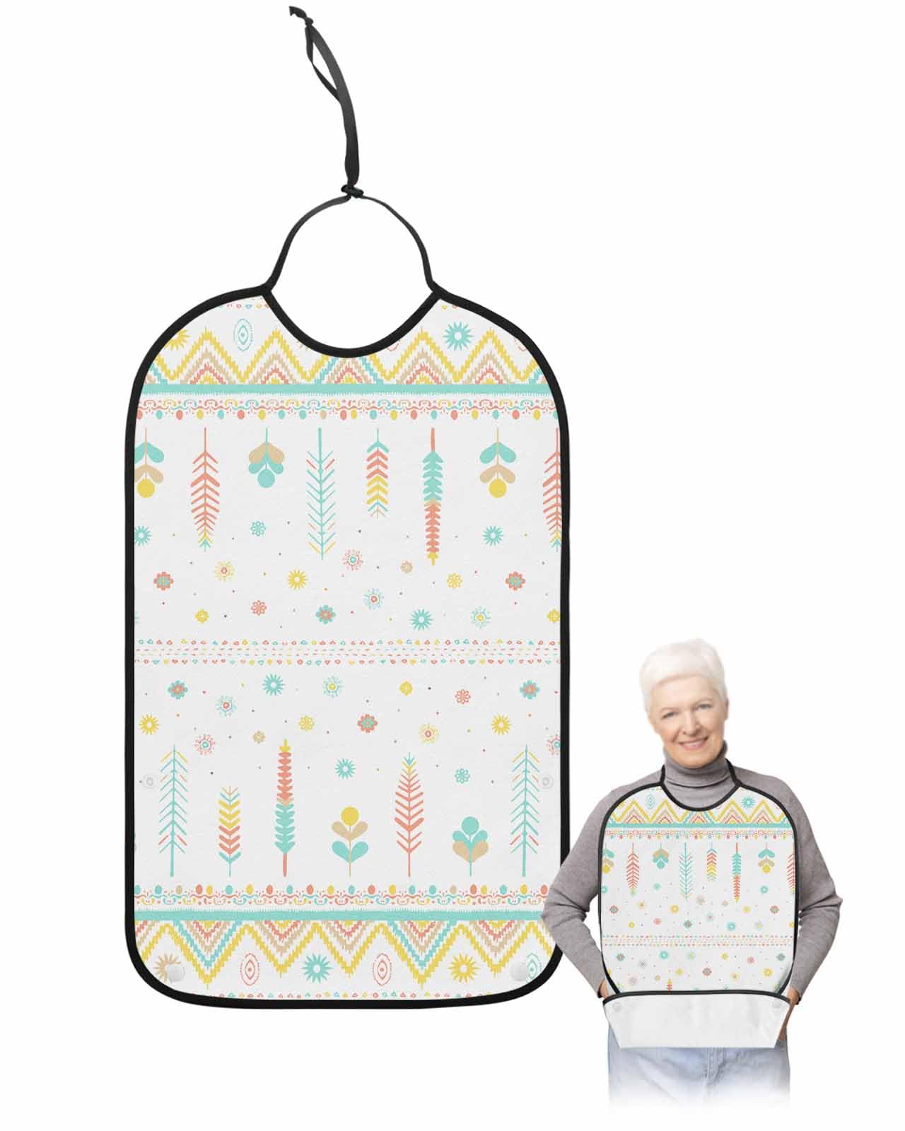 LEOKOTI Yellow Teal Pink Adult Bibs for Eating, Waterproof Bibs with Food Catcher & Adjustable Snap Closure, Geometric Abstract Art Cream Washable Clothing Protectors Adult Bibs for Elderly Women/Men