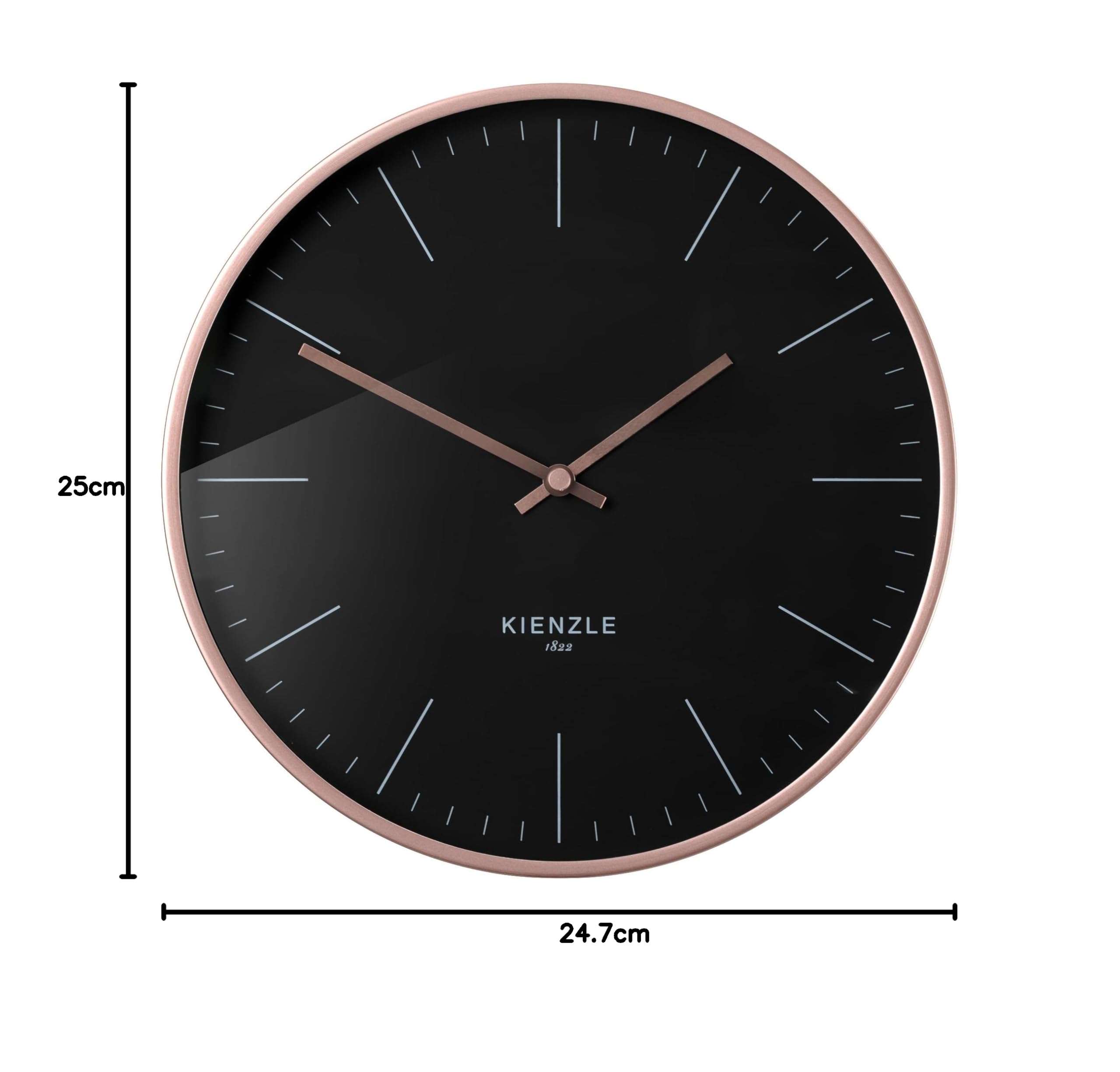 Kienzle Modern Funkwanduhr DCF leise Aluminium 25 cm Roségold Schwarz | Automatische Zeiteinstellung, geräuschloses Uhrwerk, Aluminiumrahmen, Ziffernblatt schwarz, 1 AA Batterie erforderlich