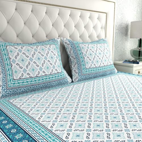 Image of La Verne 140 TC 100% Cotton King Size Jaipuri Rajasthani Print Bedsheet with 2 Pillow Covers (White-Blue)
