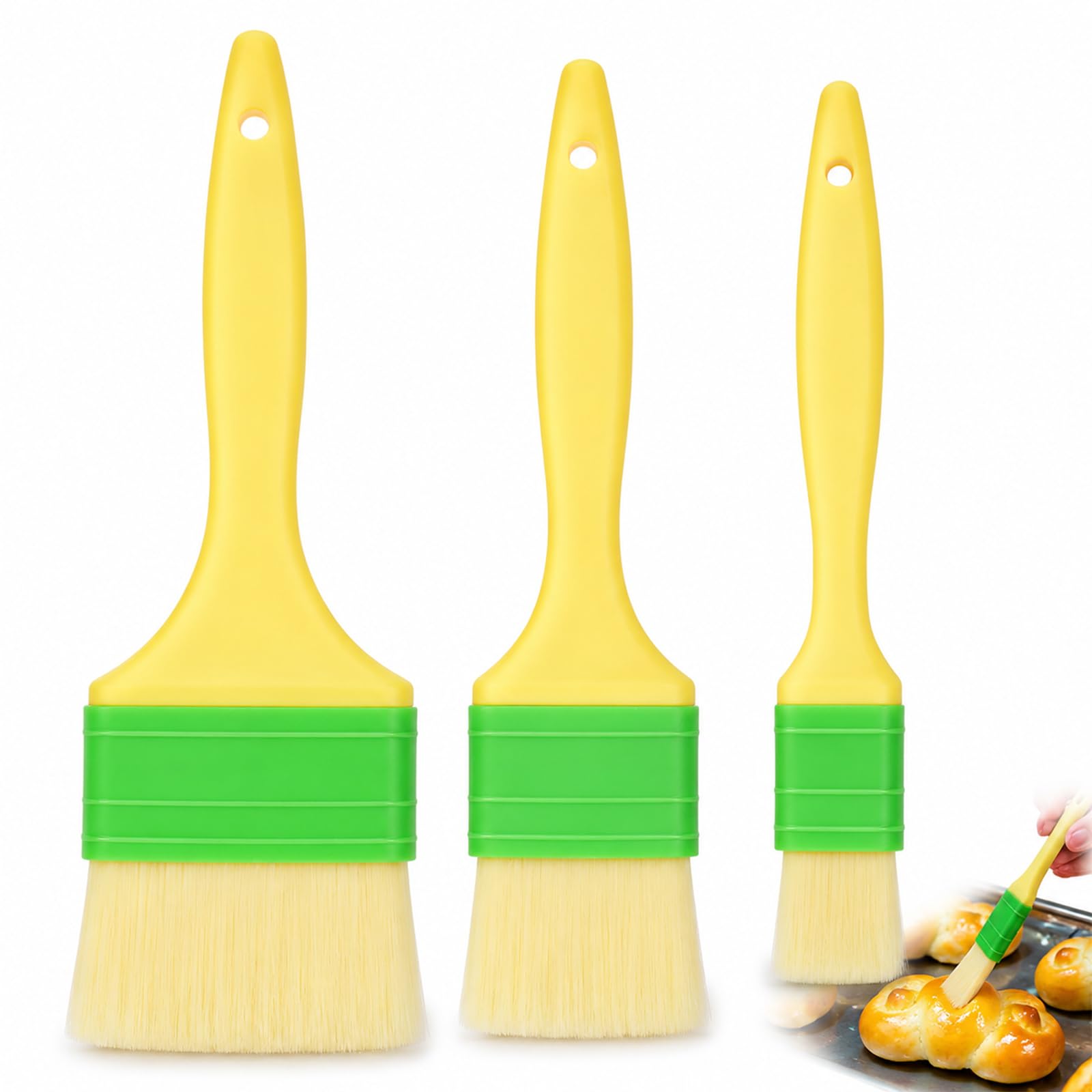 3 Pieces Pastry Brush Set, Natural Bristle Basting Brush for Baking, Heat Resistant Cooking Brush for Egg Wash Oil Sauce, Plastic Handle BBQ Brush for Grilling Kitchen Tools