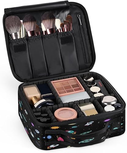 Miniatura 7 de KOBLEN Bolsa de maquillaje de viaje para mujer, grande, cuadrada, portátil, profesional, coqueta, tren, estuche cosmético con asa, cohete dirigible