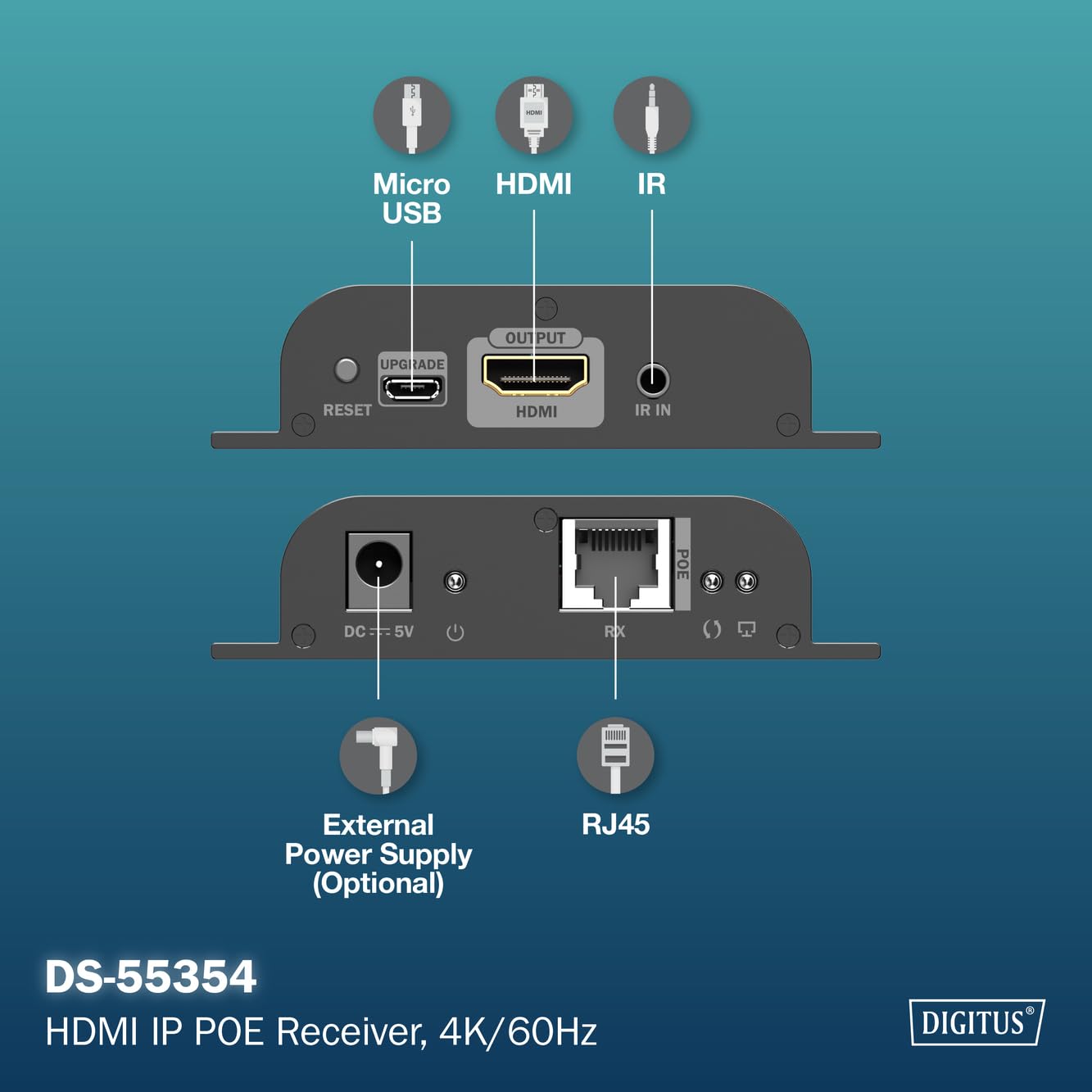 DIGITUS HDMI PoE IP Extender Receiver DS-55353 UHD 4K 60Hz HDMI 2.0 120m CAT 6 Schwarz