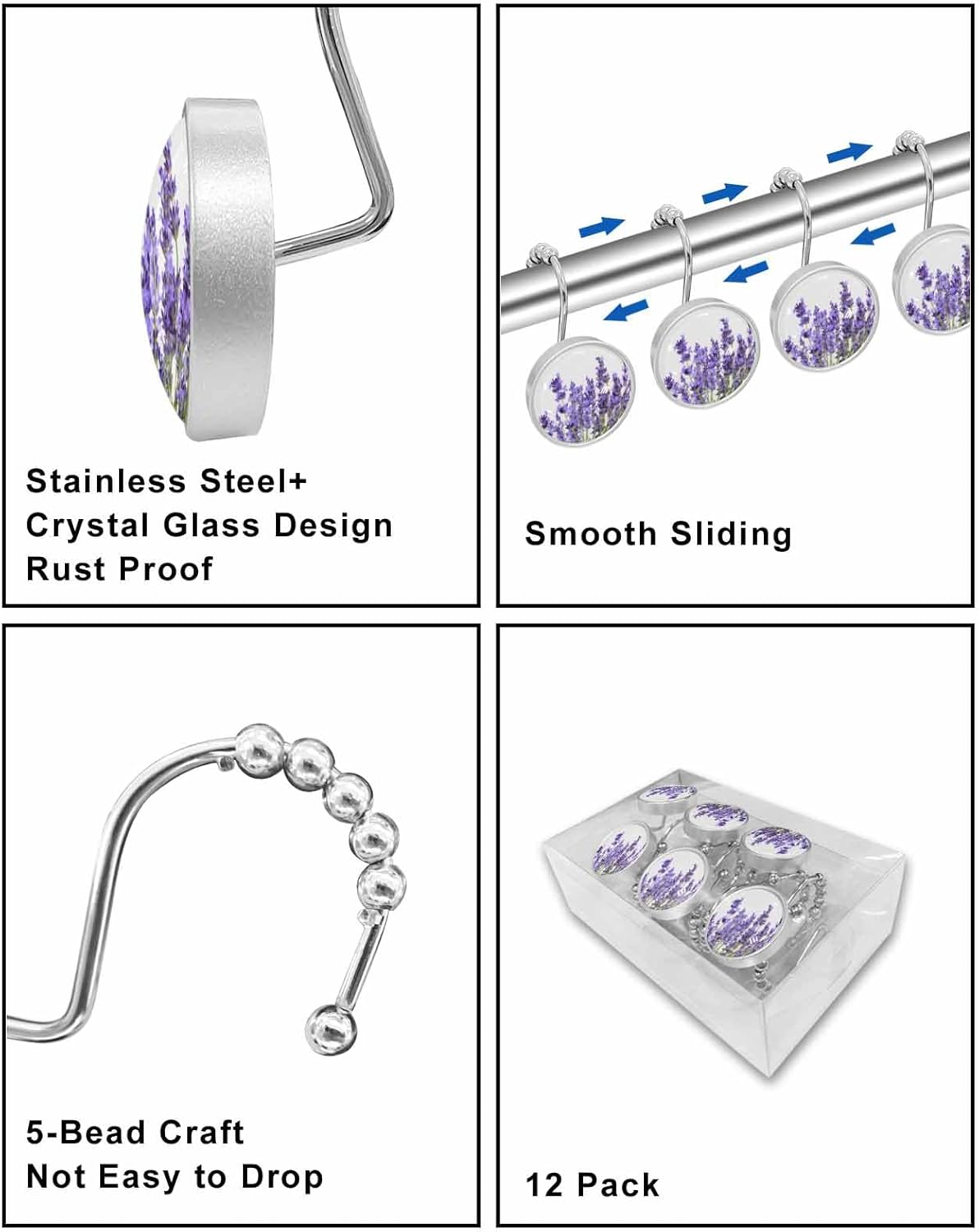 Lavender Flower Shower Curtain Hooks Set of 12 Purple Lavender Floral Pattern Crystal Glass Shower Curtain Rings for Bathroom Decorative Stainless Steel Rust Proof Roller Shower Curtain Hangers