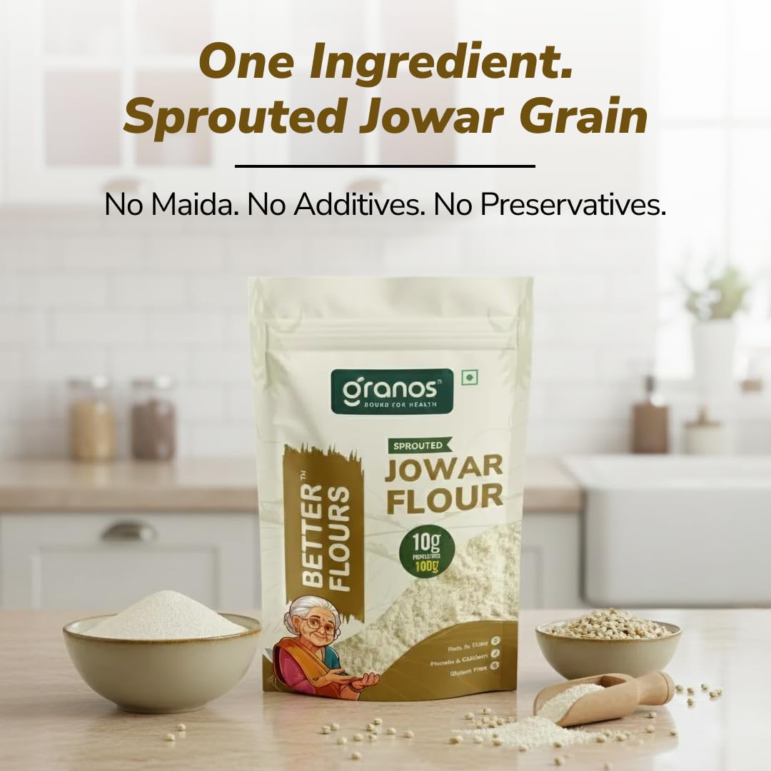 Granos Sprouted Jowar Flour 900g, Sorghum / Jowar Atta Pouch, High in Protein & Fiber, Gluten Free, Ideal for Rotis, Dosa, Baking, Help in Weight Loss, Diabetics, Gut Health, 100% Whole Grain (Pack of 1) - Image 5 thumbnail