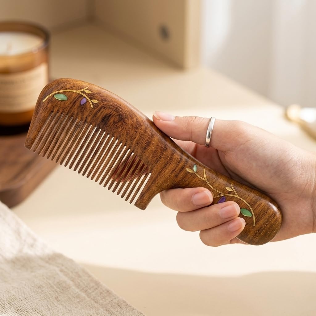 Peine de madera de sándalo, hecho a mano, peine de madera de sándalo, antiestático, peine de pelo de dientes finos para mujeres, peine para barba, buen regalo (Forever Young)