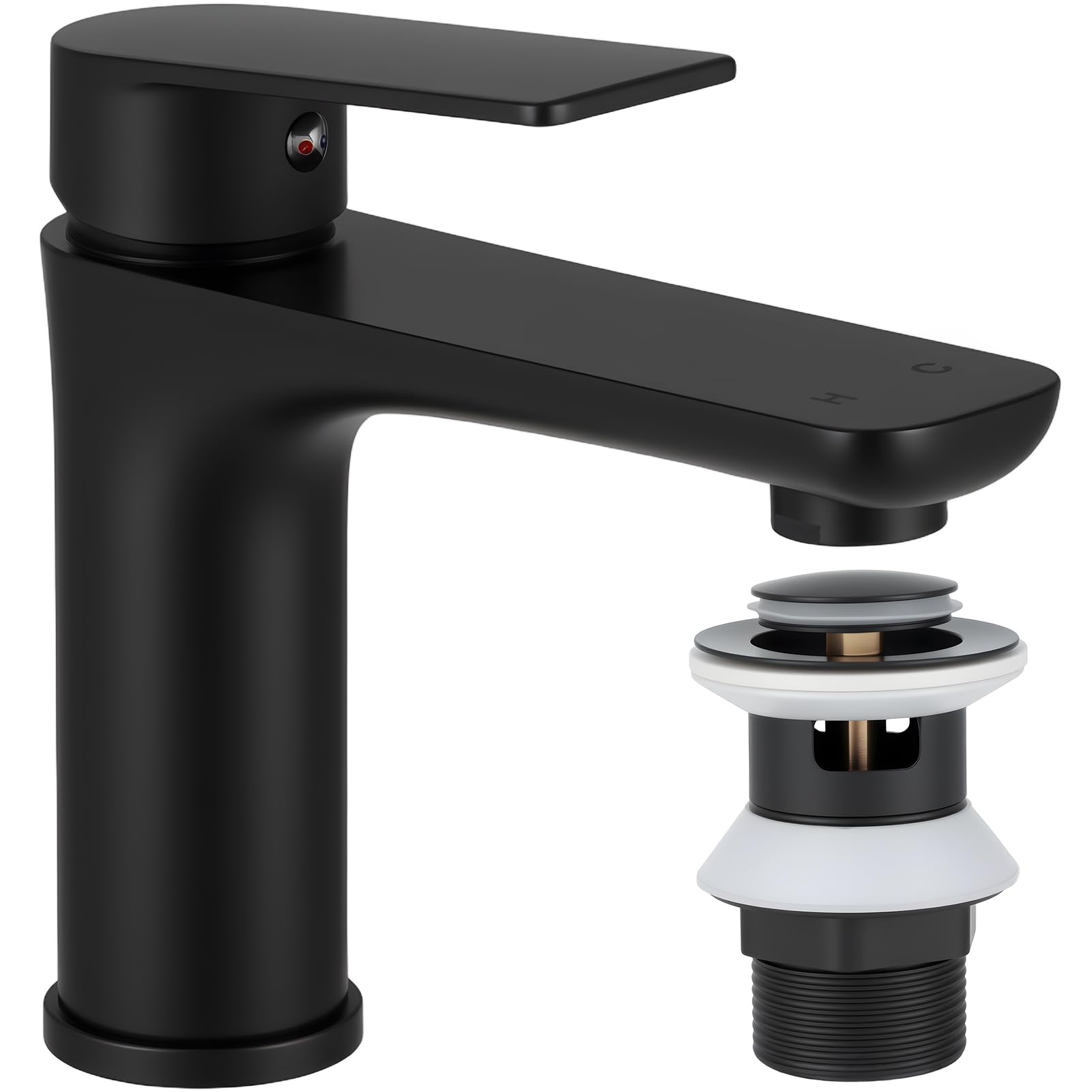 Bathroom Basin Mixer Tap with Pop Up Waste, Stainless Steel Sink Tap with Aerator, Single Lever Bathroom Tap, Water Saving, Leak-Free Ceramic Valve, 1 Hole with 60cm G1/2 Hoses (Black)