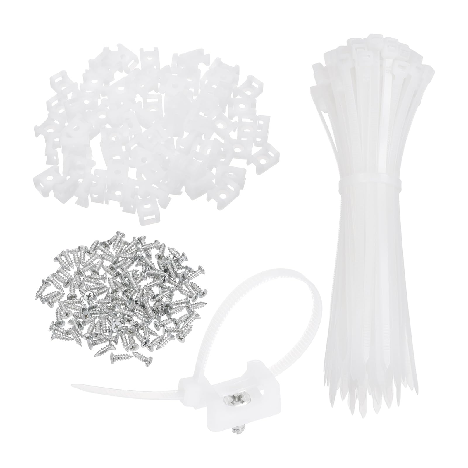 sourcing map 60pcs 22.6mm Cable Tie Saddle Type Mounts Base with 150mm Cable Zip Ties and M5 Tapping Screws, Wire Organizer Holder Clamps Set, White
