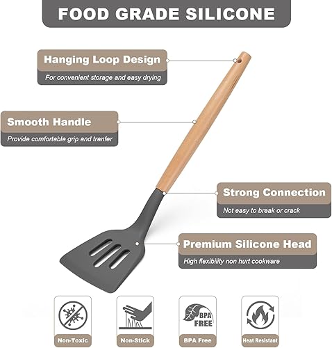 Miniatura 2 de Juego de utensilios de cocina, 12 piezas de utensilios de cocina de silicona con mango de madera, resistentes al calor, pinzas antiadherentes,