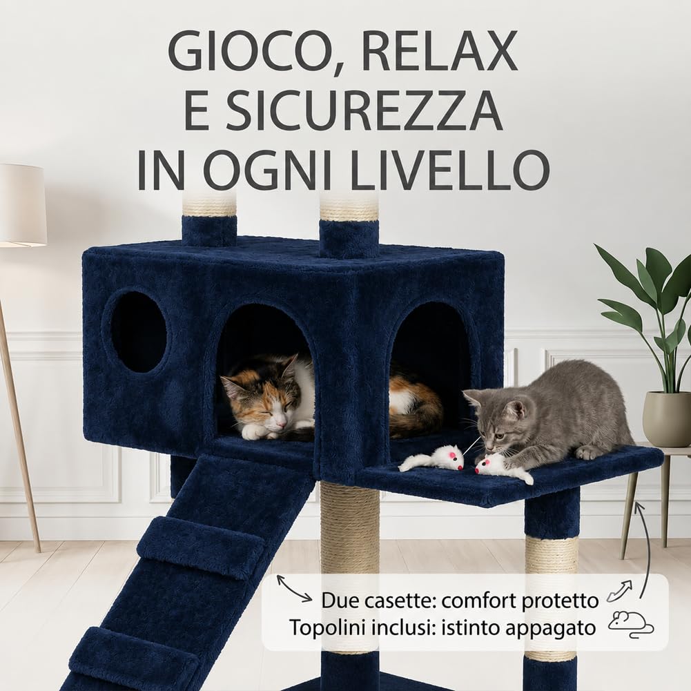Bakaji Rascador para Gatos Árbol para Gatos Sisal Parque Giochi Caseta Gato Tira arañazos uñas Alto 170 cm, Torre de Escalada para Gatos Estable de Varios Niveles (Azul)