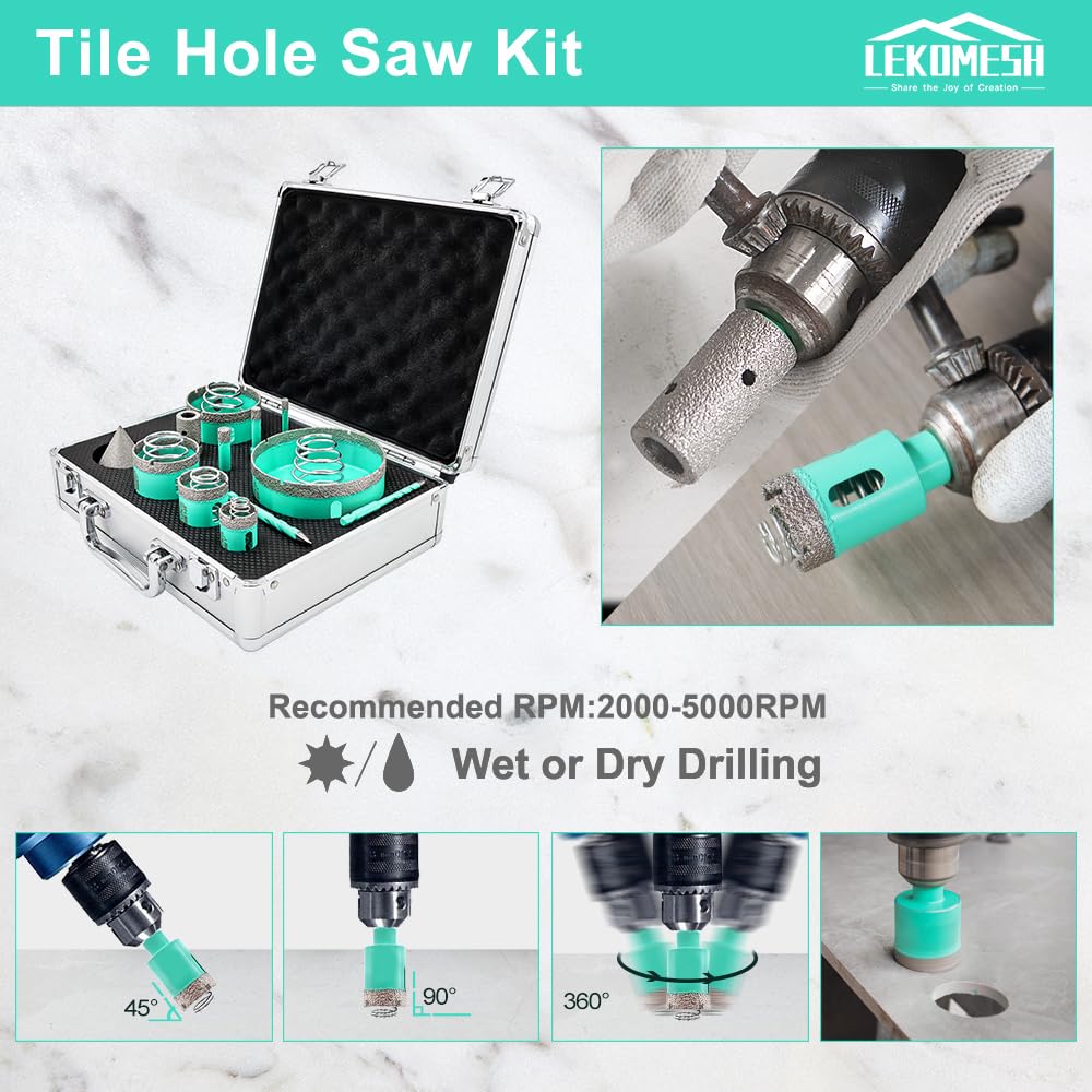 Tile Hole Saw Kit - (6/8/10/25/35/50/65/100mm+20mm Finger Bit+50mm Chamfer Bit+6/8mm Tile Drill Bits) Diamond Drill Bits for Porcelain Ceramic Marble Brick Granite,Triangle Shank